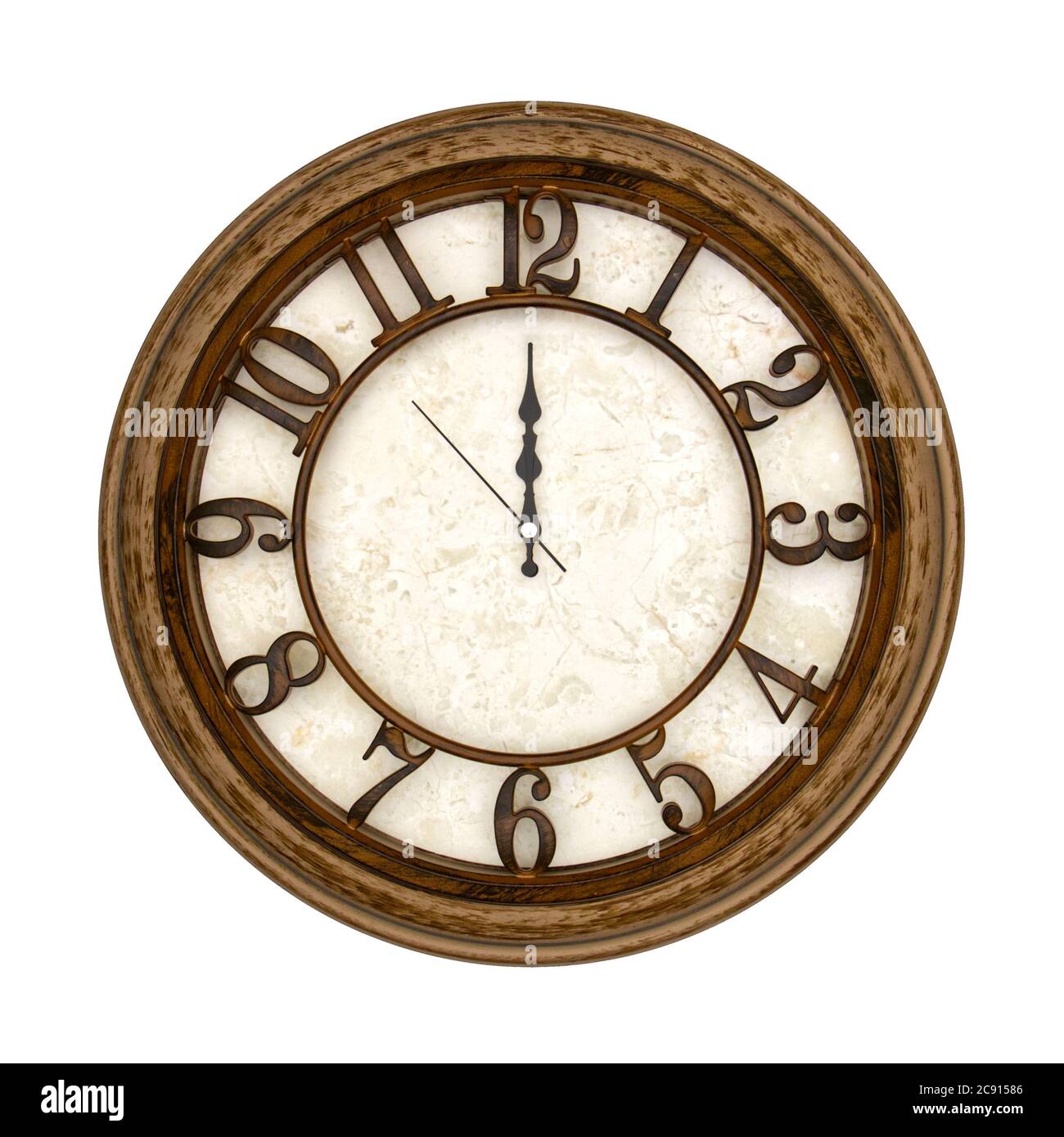 Wooden round analog wall clock isolated on white background, its twelve oclock. Stock Photo