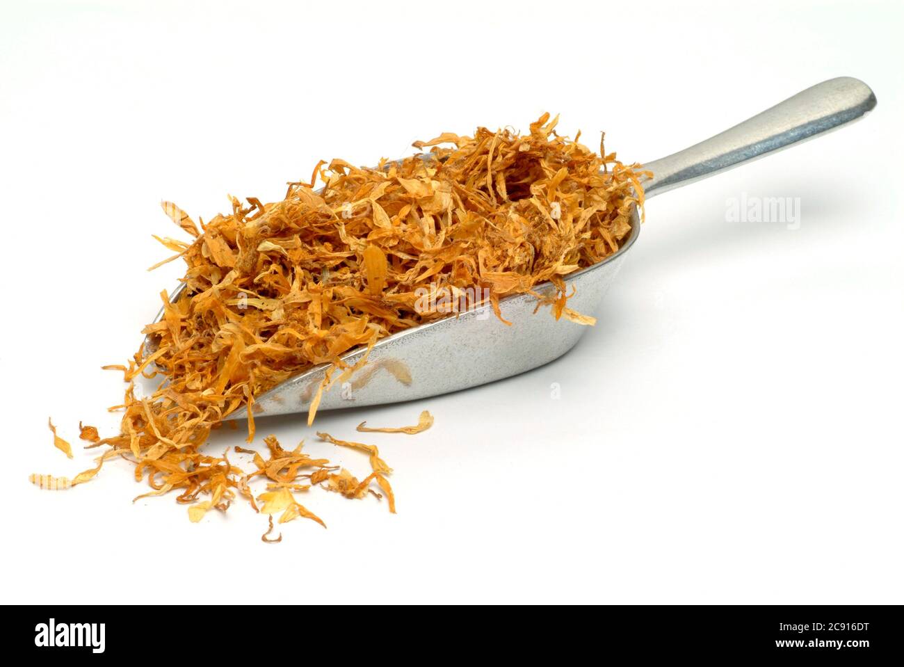 dried flowers of calendula, Calendula officinalis. Pharmaceutically the dried flower heads are used. The pharmaceutical drug reduces inflammation and Stock Photo