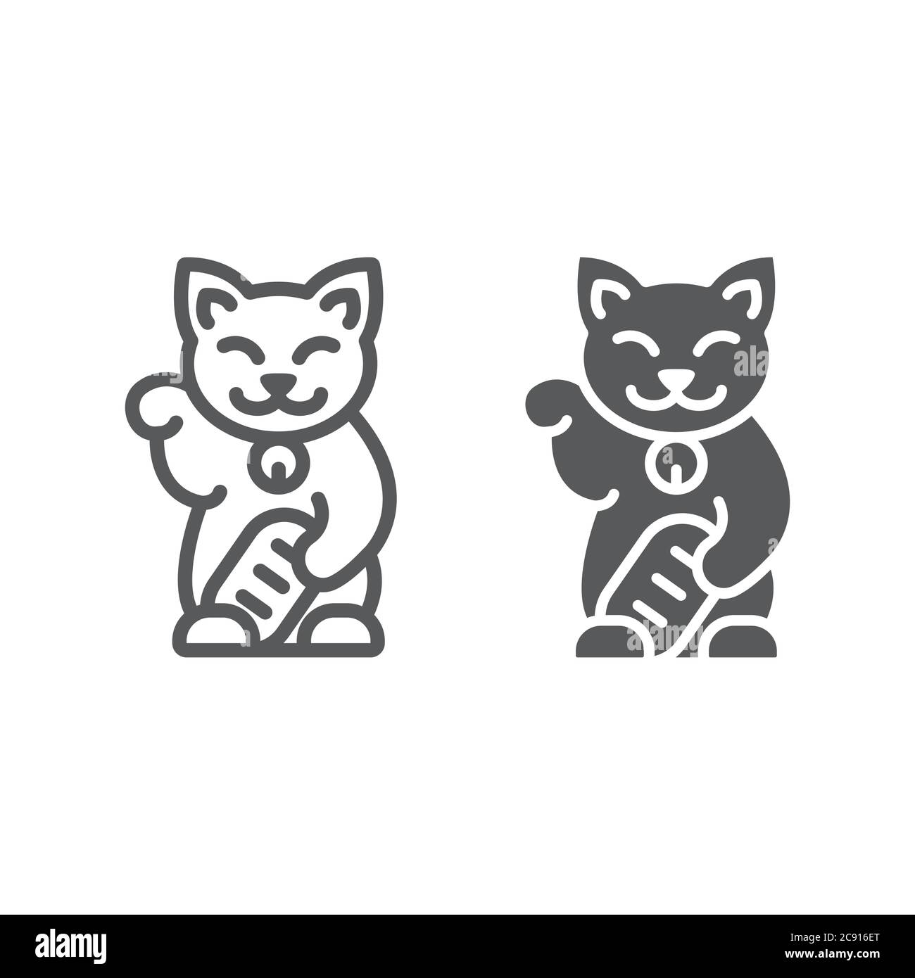 Maneki neko line and glyph icon, asian and animal, japanese cat sign