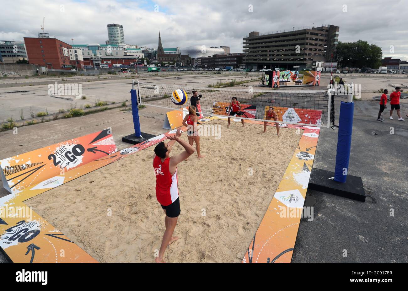 Team England players play beach volleyball during a demonstration at