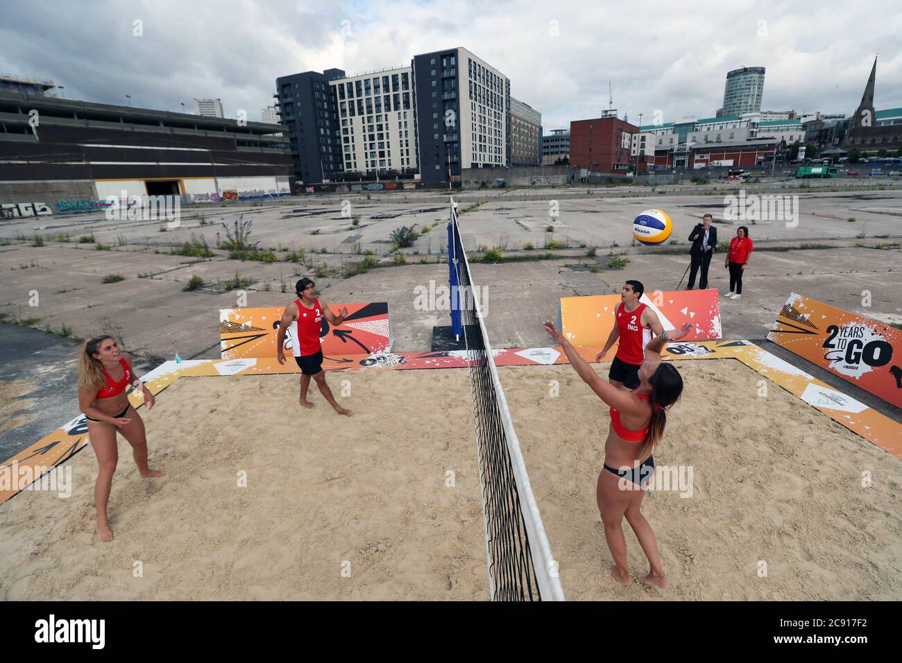 Team England players play beach volleyball during a demonstration at