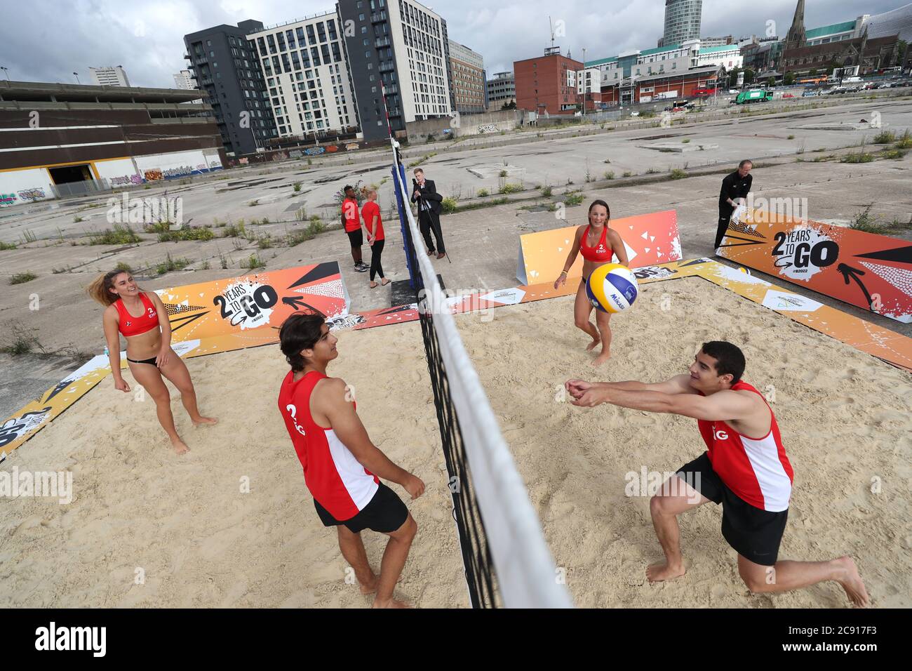 Team England players play beach volleyball during a demonstration at