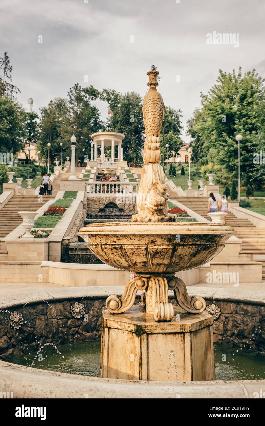 Fountains and the cascading stairs near the Valea Morilor Lake in Chisinau, Moldova. Stock Photo