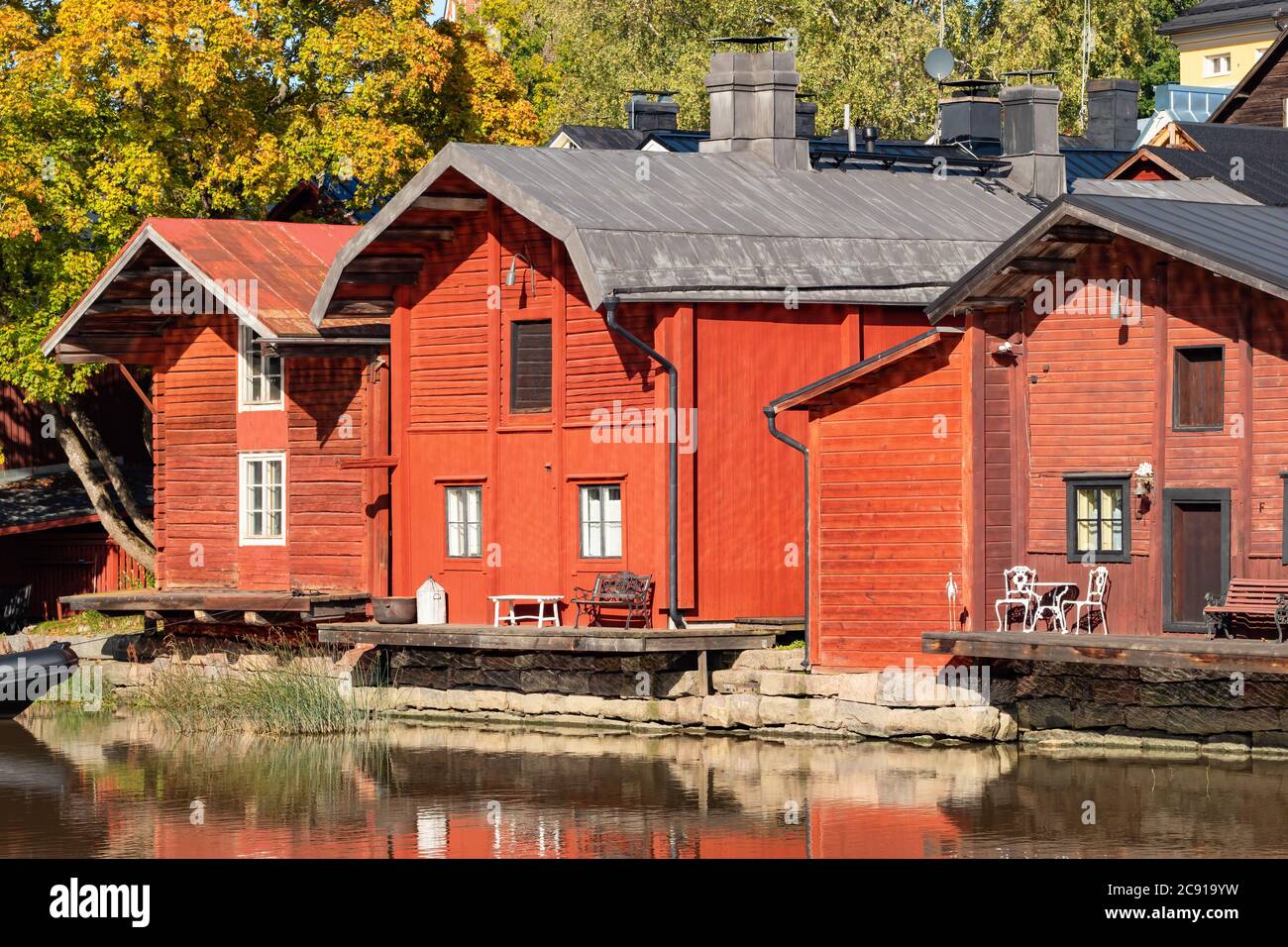 Old wooden red houses in old town of Porvoo, Finland Stock Photo