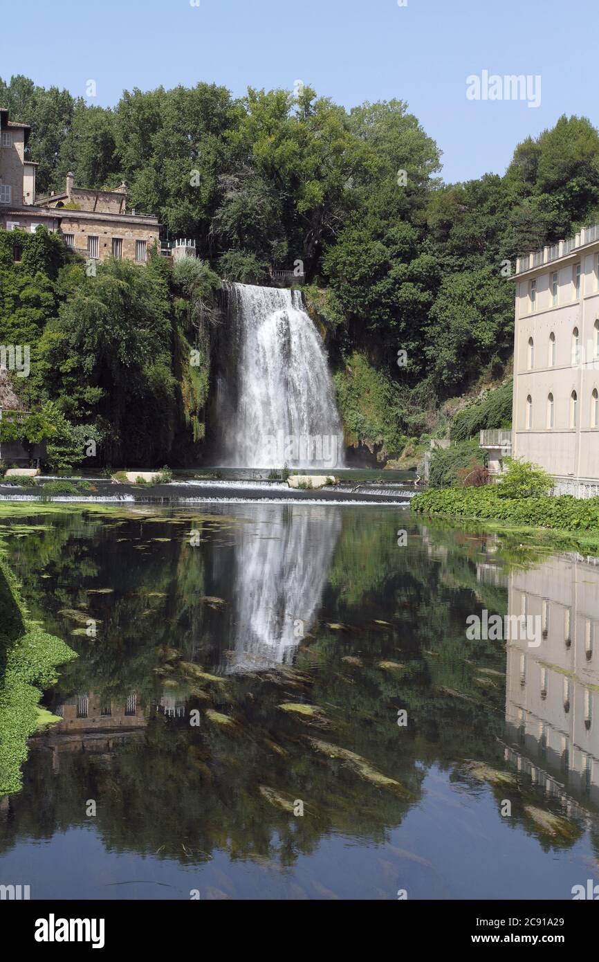 Isola del Liri, Italy - July 22, 2017: View of the waterfall in the river town of Isola del Liri Stock Photo