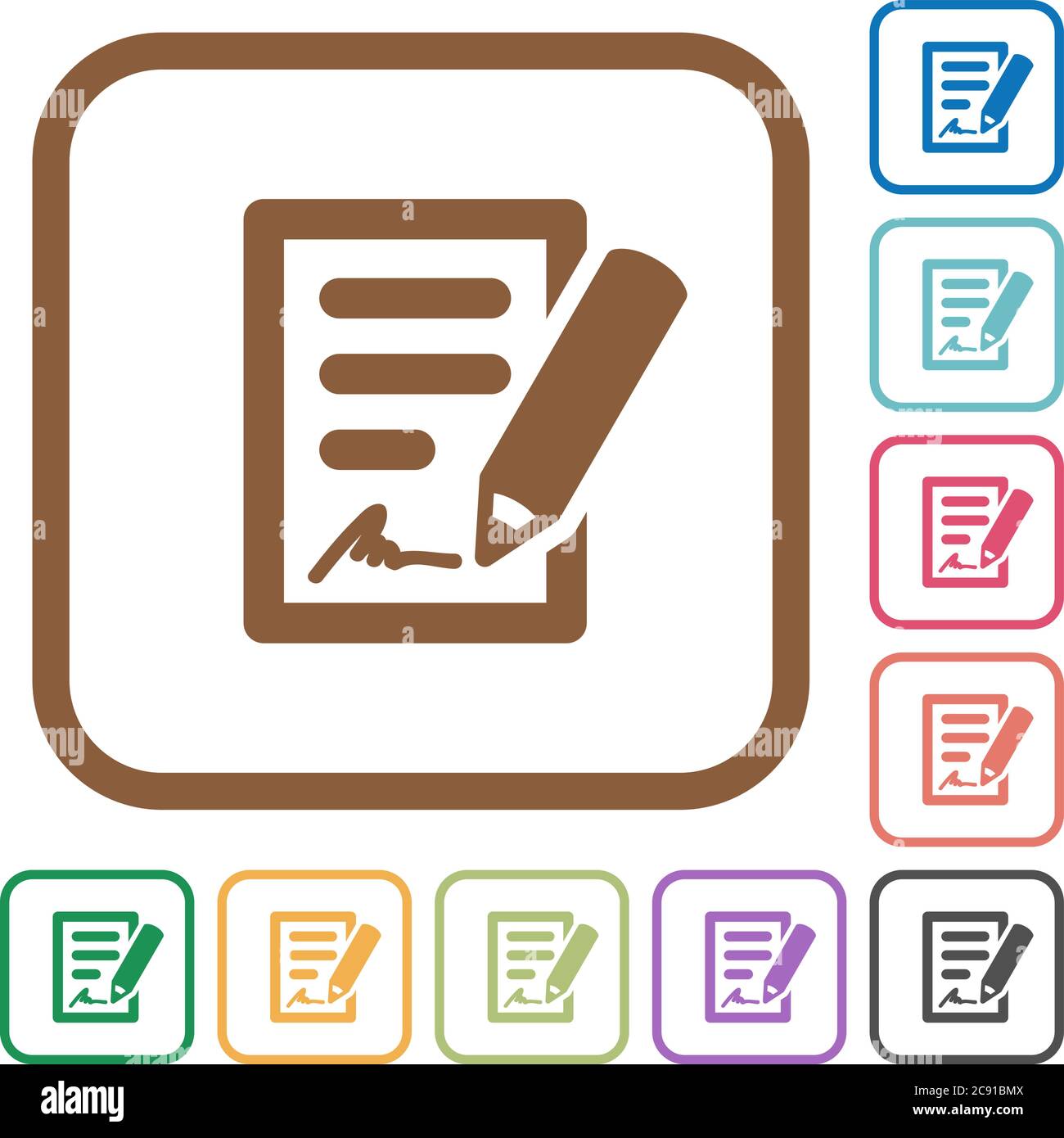 Signing contract simple icons in color rounded square frames on white ...