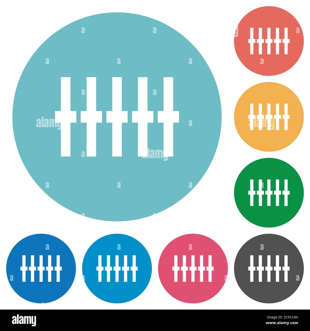 Graphical equalizer flat white icons on round color backgrounds Stock Vector
