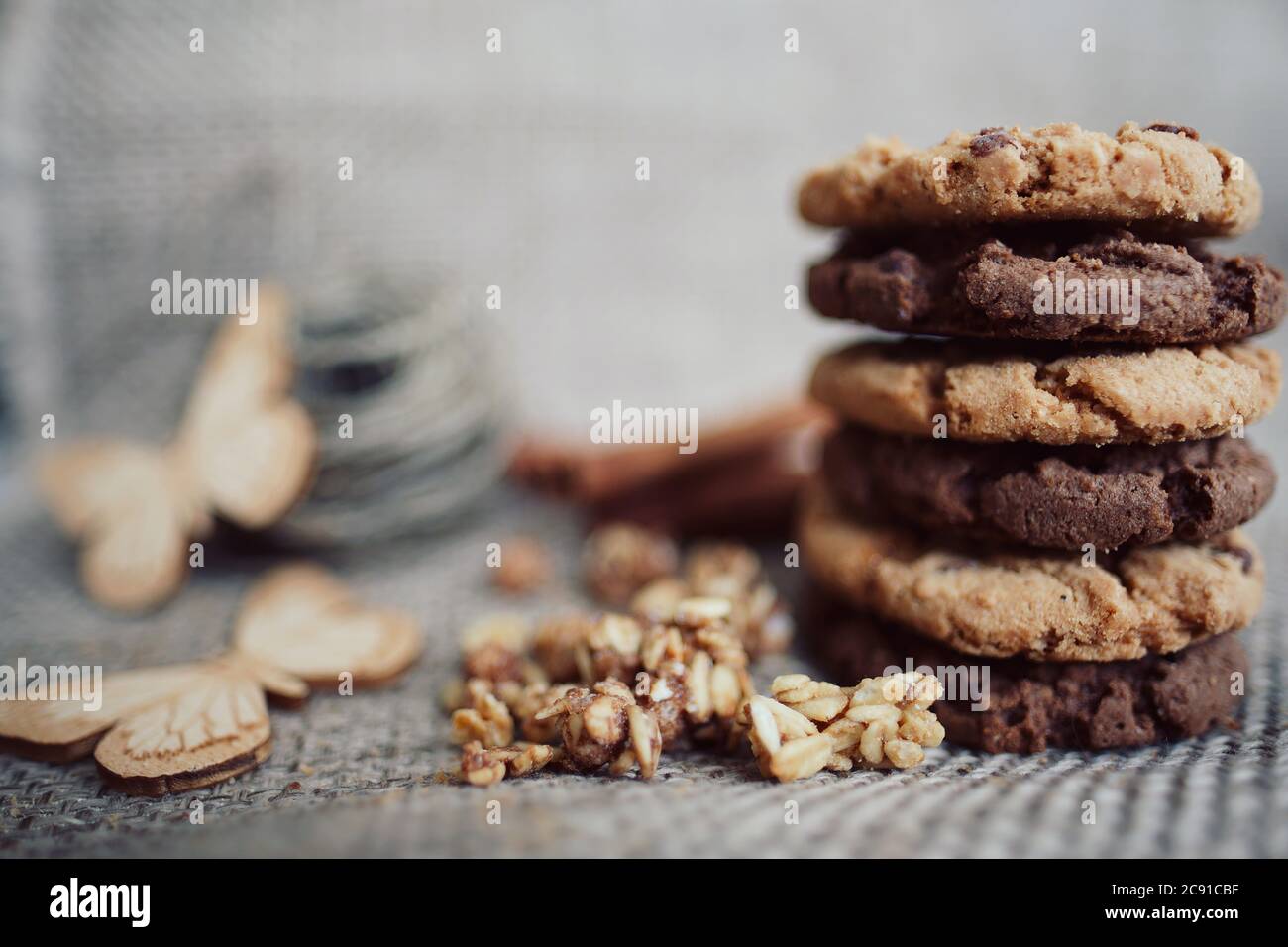 Homemade oatmeal cookies with cinnamon close-up . Healthy Food Snack. Stock Photo