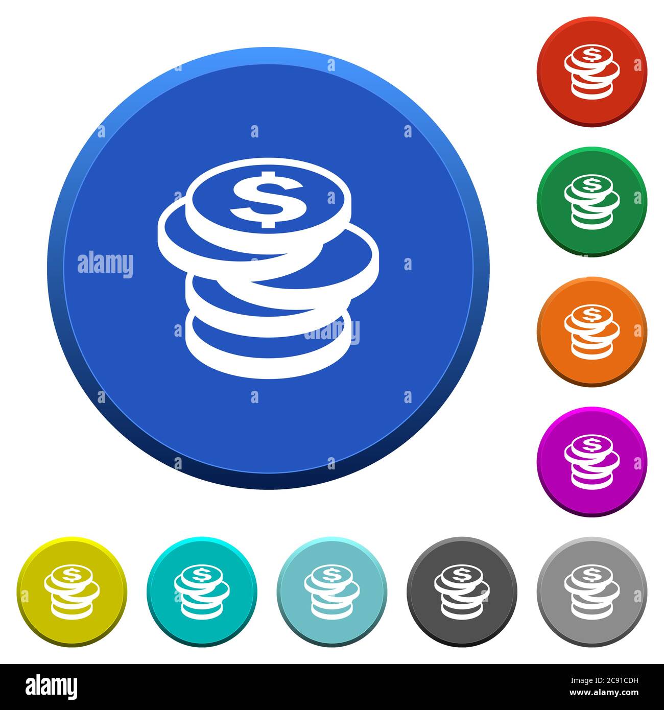 Dollar coins round color beveled buttons with smooth surfaces and flat ...