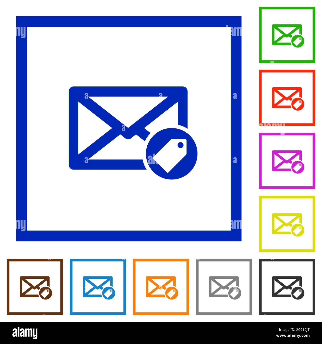 Tagging mail flat color icons in square frames on white background Stock Vector