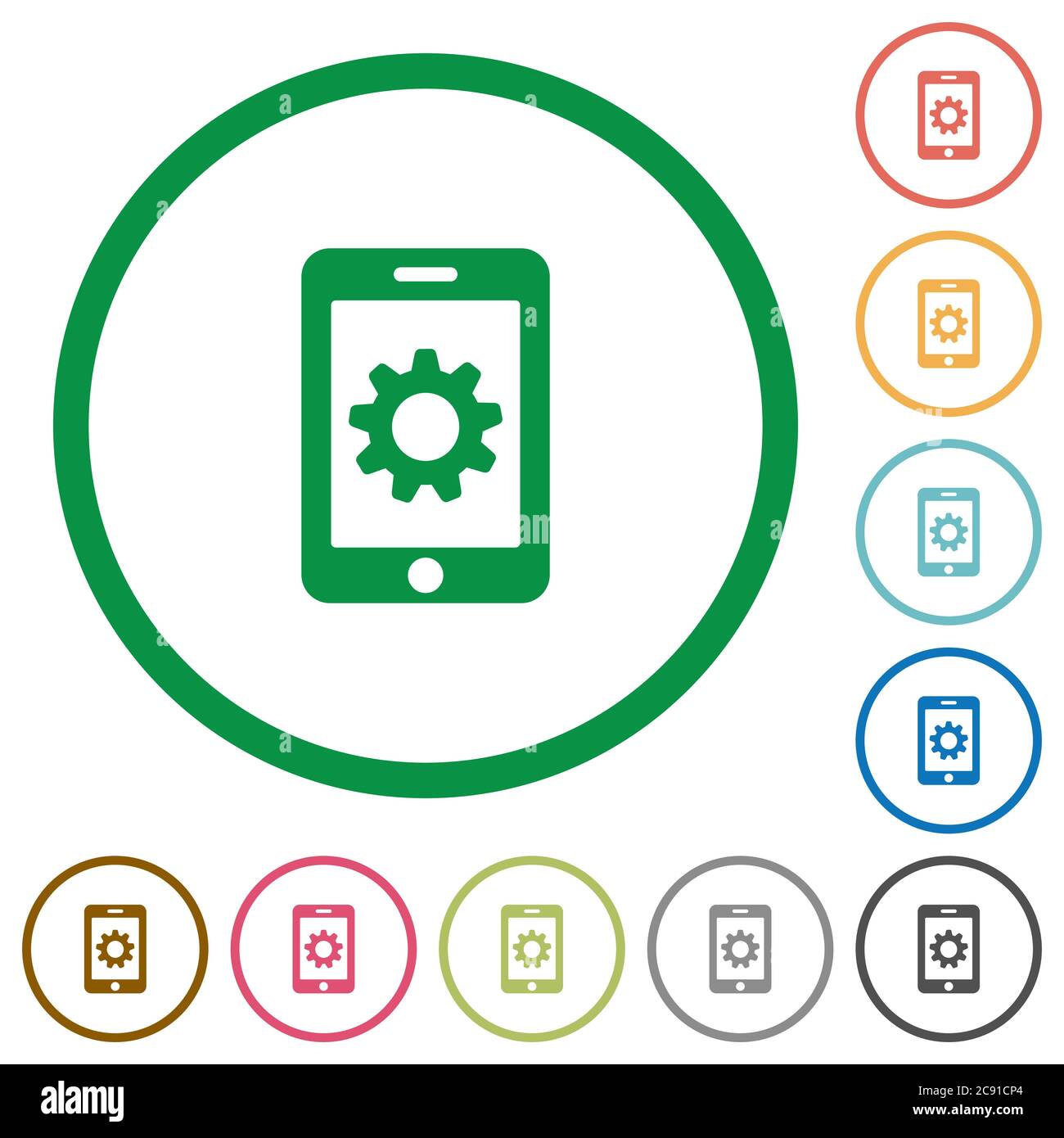 Mobile settings flat color icons in round outlines on white background ...