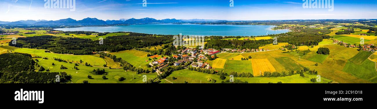 Lake Chiemsee Ising Bavaria. Aerial Panorama. Landscape. Agriculture Fields Stock Photo