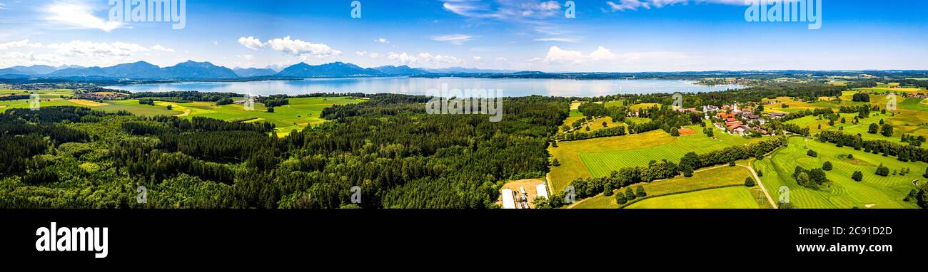 Lake Chiemsee Ising Bavaria. Aerial Panorama. Landscape. Agriculture Fields Stock Photo