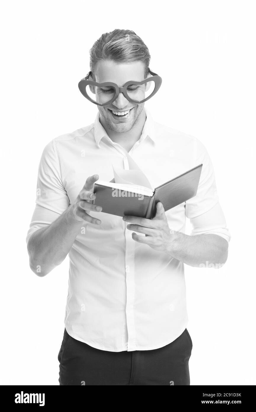 Reader Guy Reading is fun. Happy man read book isolated on white. Funny guy enjoy ...