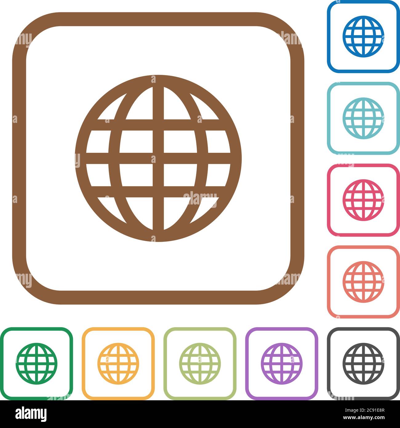 Globe simple icons in color rounded square frames on white background ...