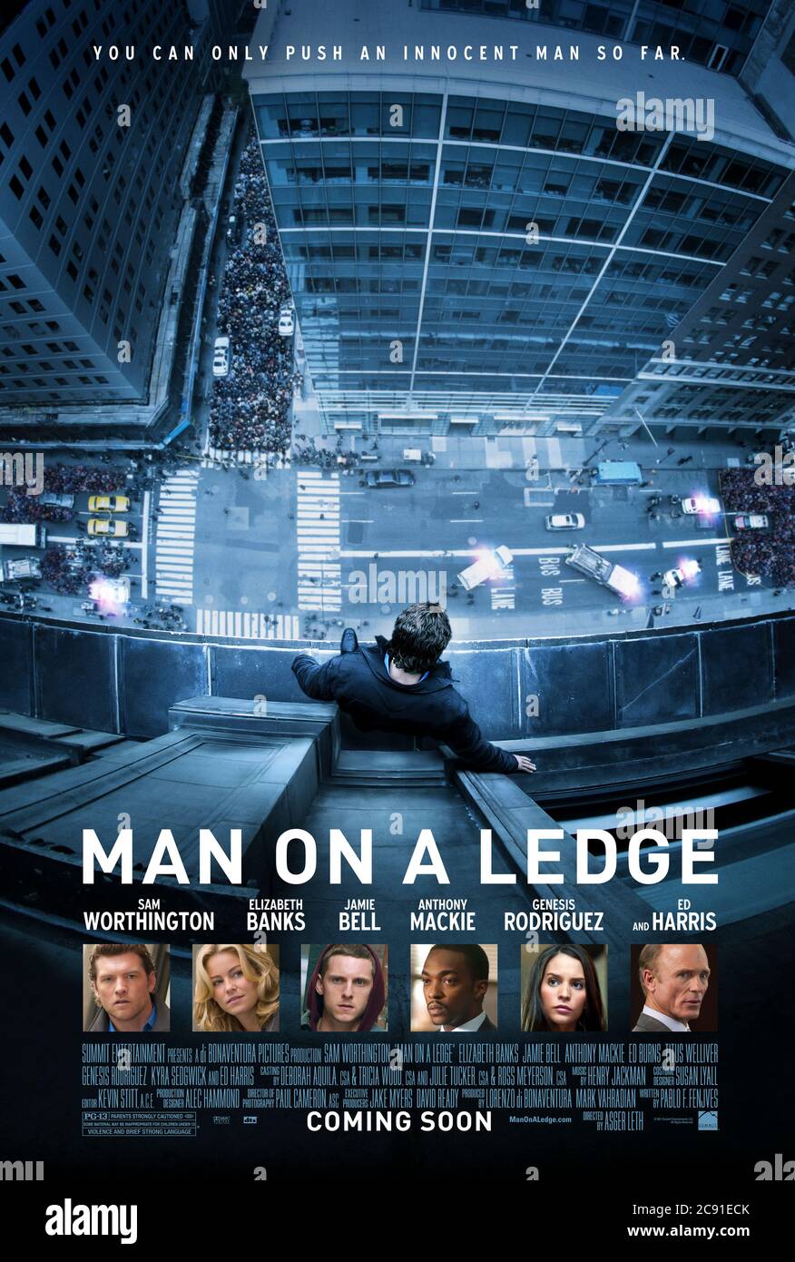 Man on a Ledge (2012) directed by Asger Leth and starring Sam Worthington, Elizabeth Banks, Jamie Bell and Ed Harris. A man threatens to commit suicide as the world looks on but all is is not what it seems. Stock Photo