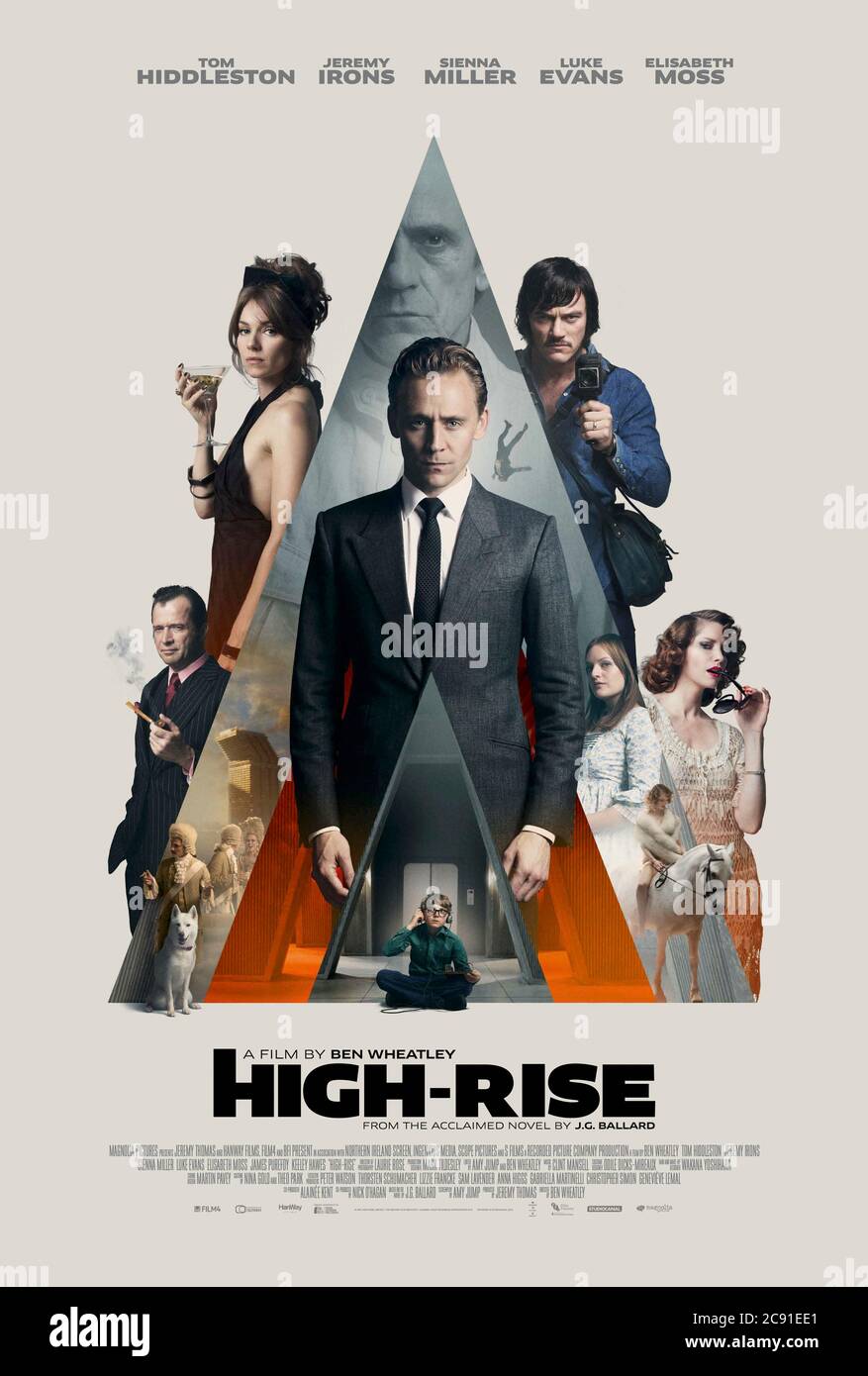 High-Rise (2015) directed by Ben Wheatley and starring Tom Hiddleston, Jeremy Irons, Sienna Miller and Luke Evans. Adaptation of J.G. Ballard's allegorical novel about the residents of a luxury tower block that descends into chaos. Stock Photo