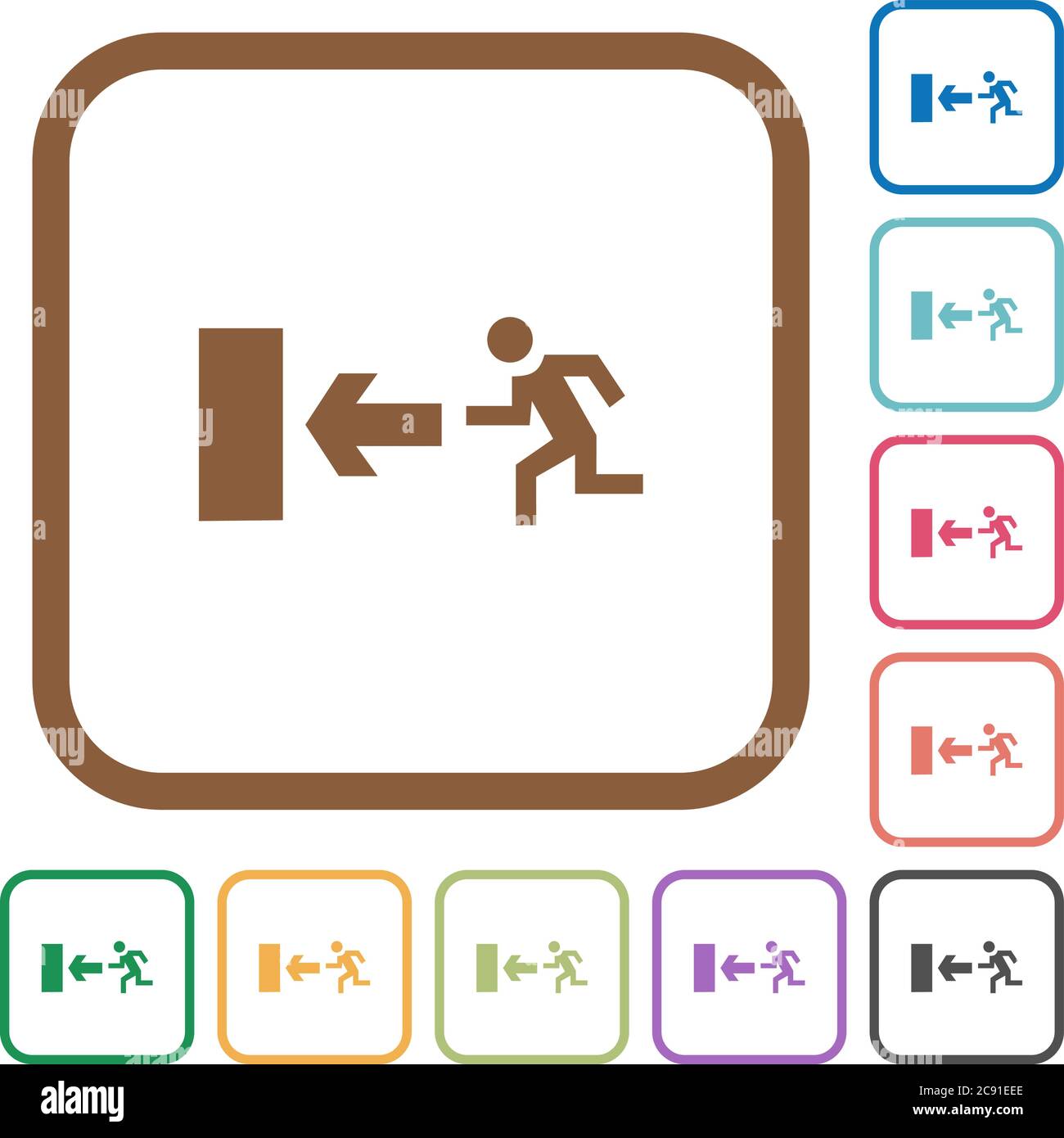 Exit sign simple icons in color rounded square frames on white