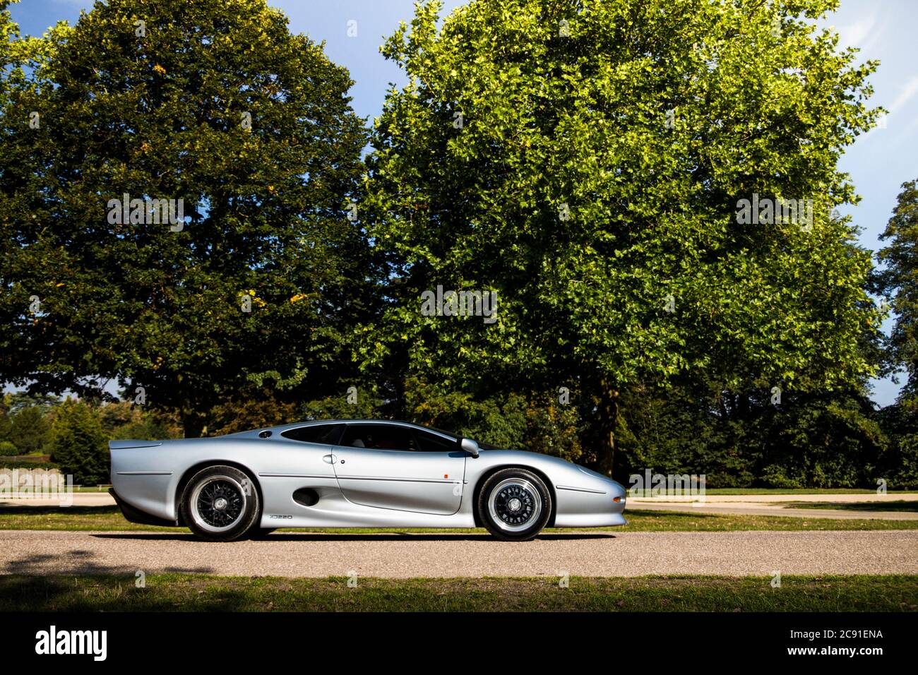 Silver Jaguar XJ220 classic supercar attending an annual automotive event held in Oxfordshire, UK. Stock Photo