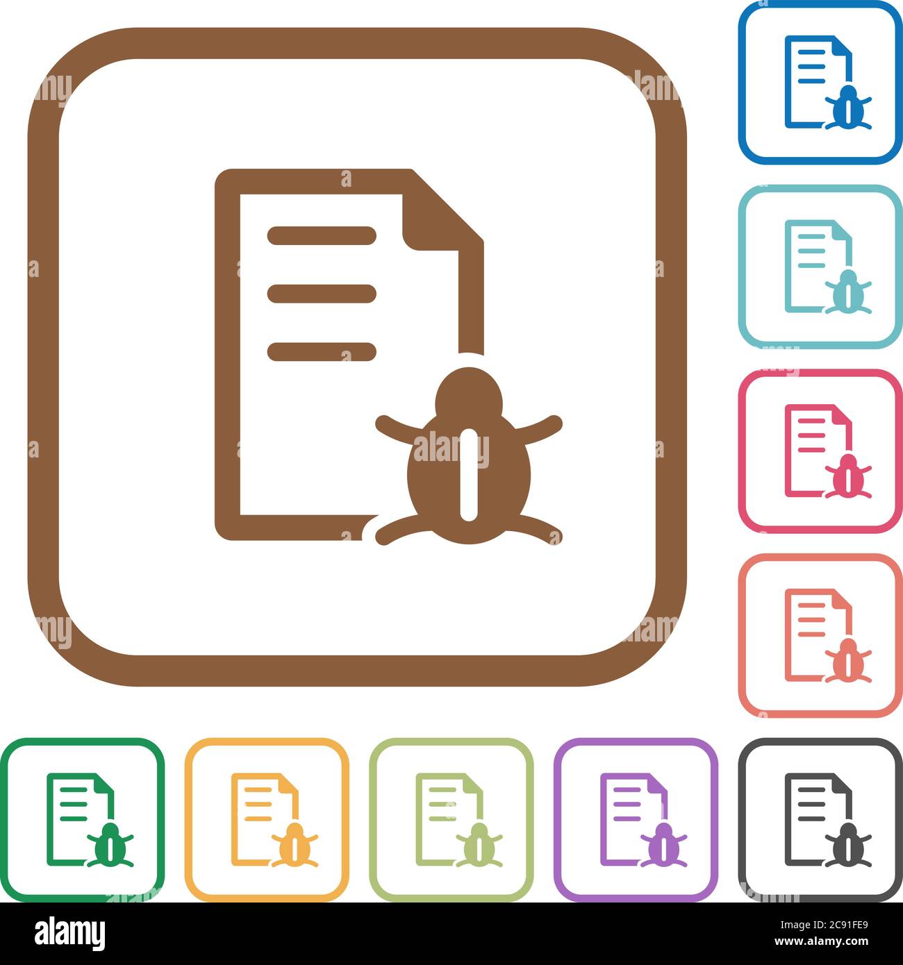 Bug report simple icons in color rounded square frames on white background Stock Vector