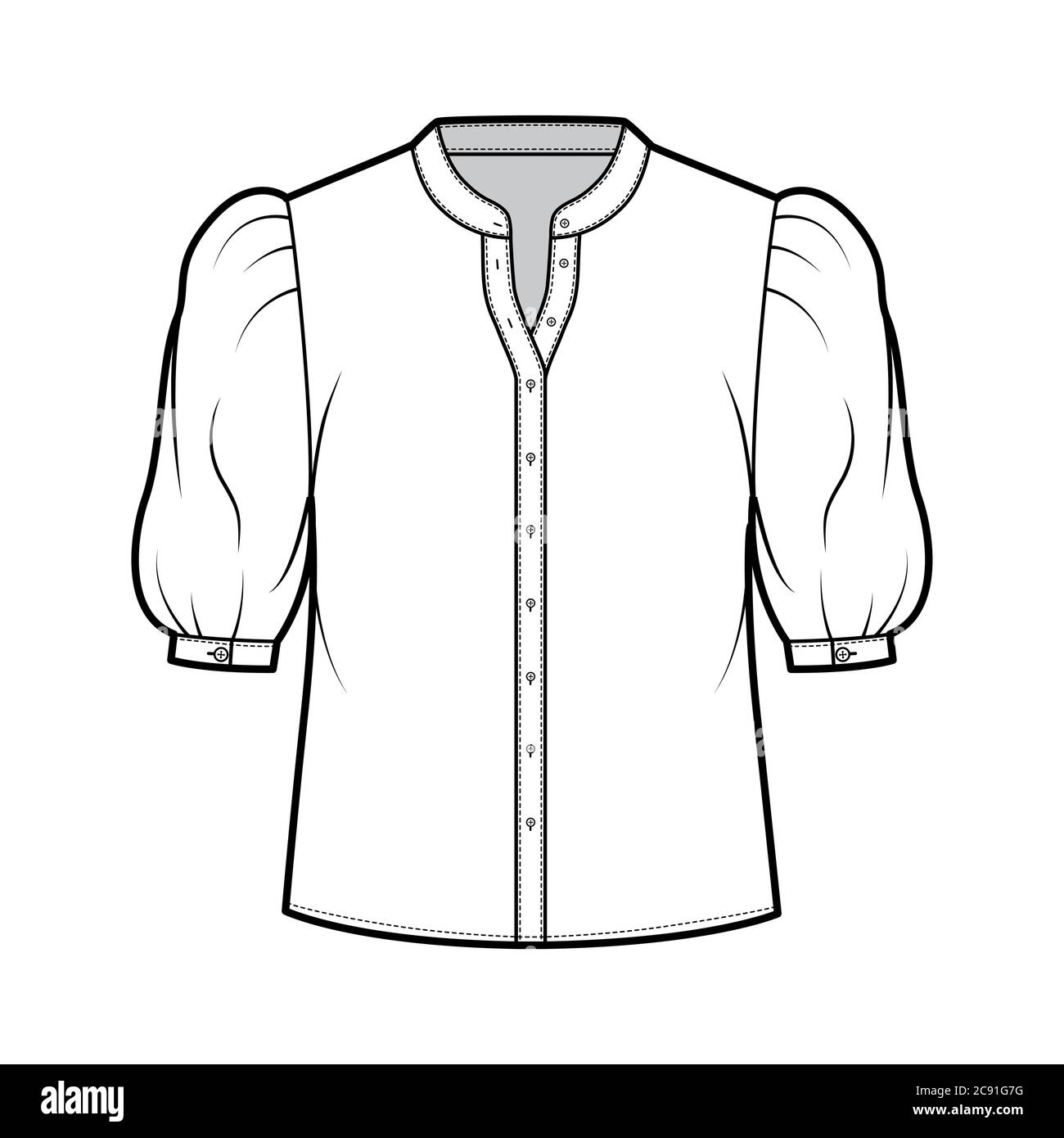 Stand collar shirt technical fashion illustration with elbow puff sleeve, front button-fastening, loose silhouette. Flat apparel blouse template front white color. Women, men unisex top CAD mockup Stock Vector