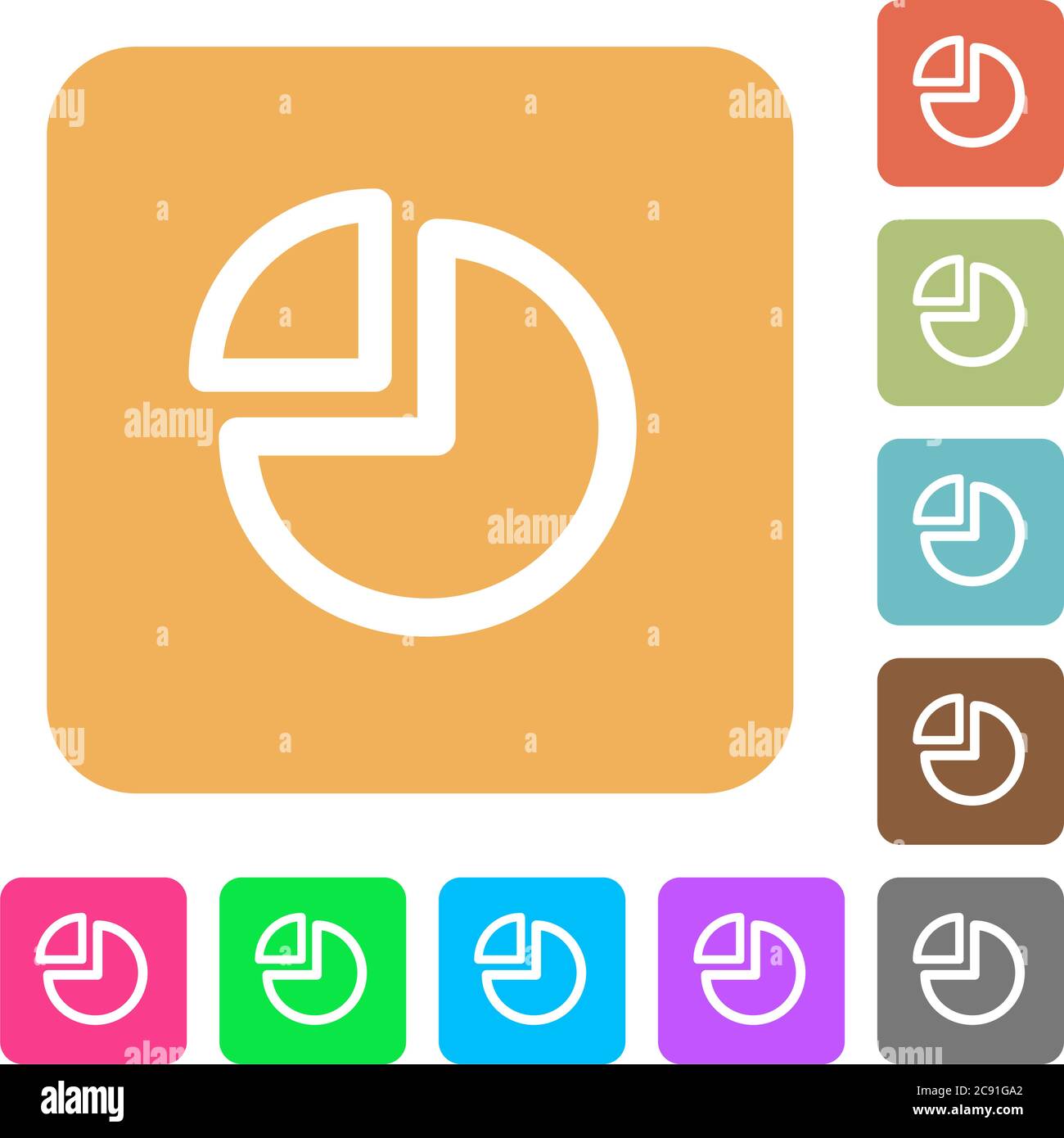 Pie chart icons on rounded square vivid color backgrounds. Stock Vector