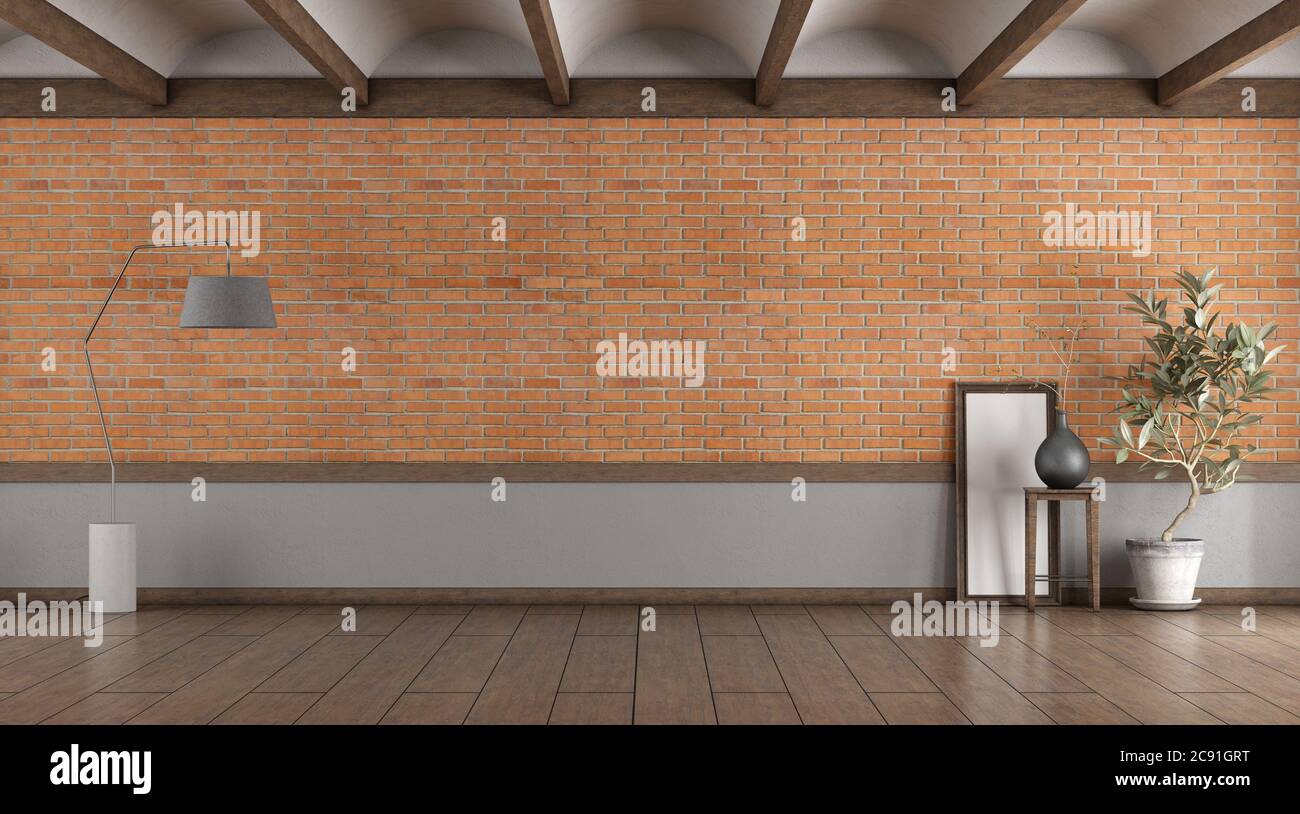 Empty room with brick wall , fllor lamp and houseplant - 3d rendering Stock Photo