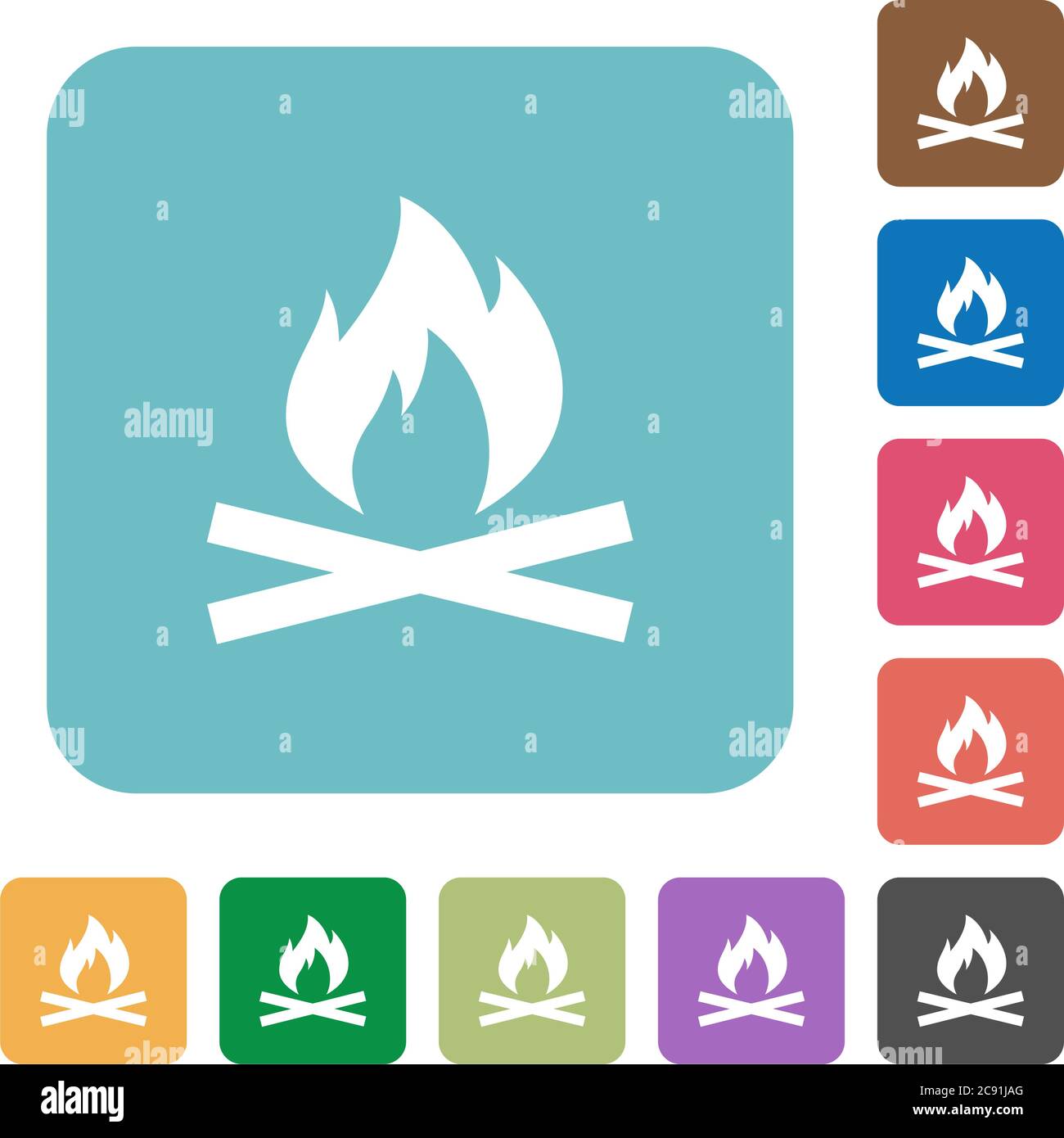 Camp fire white flat icons on color rounded square backgrounds Stock Vector