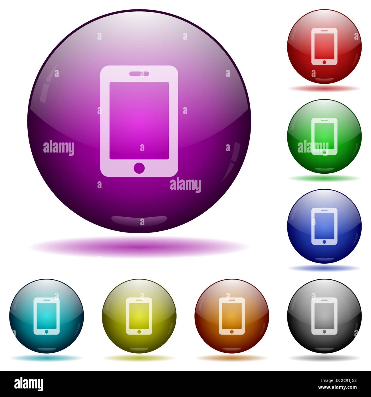 Smartphone with blank display icons in color glass sphere buttons with ...