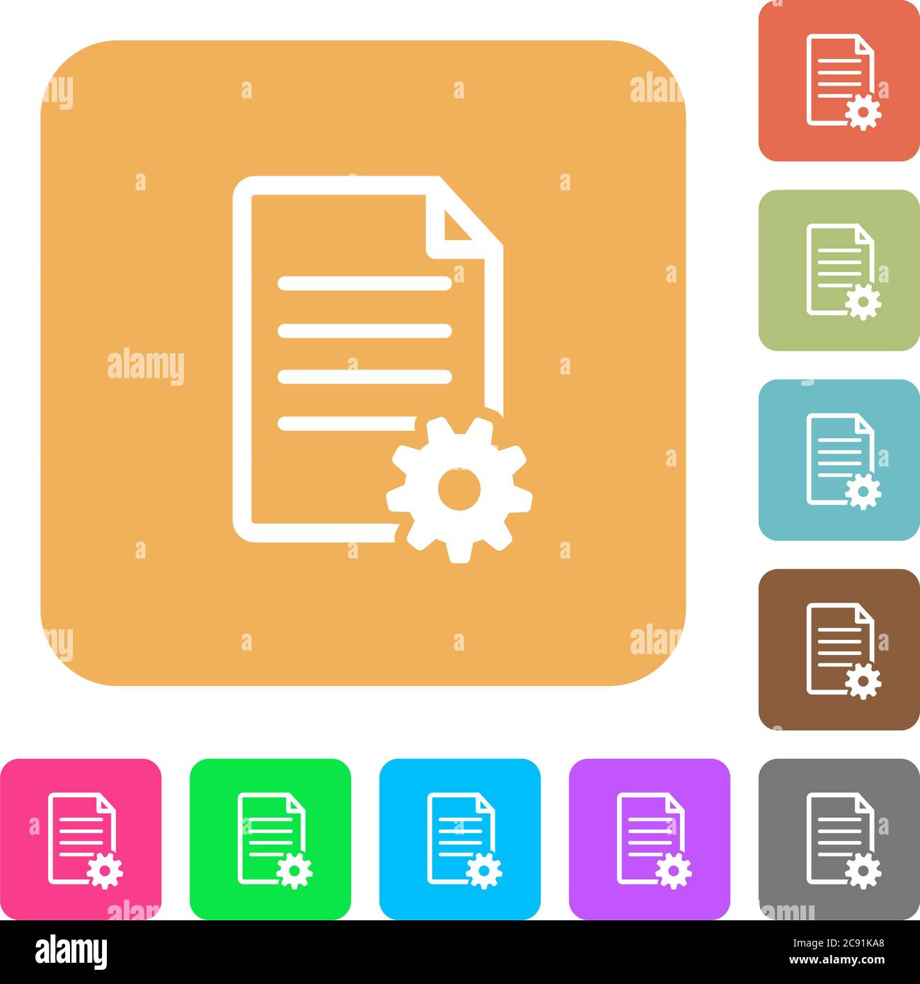 Document setup concept with cogwheel. Flat icons on rounded square vivid color backgrounds. Stock Vector