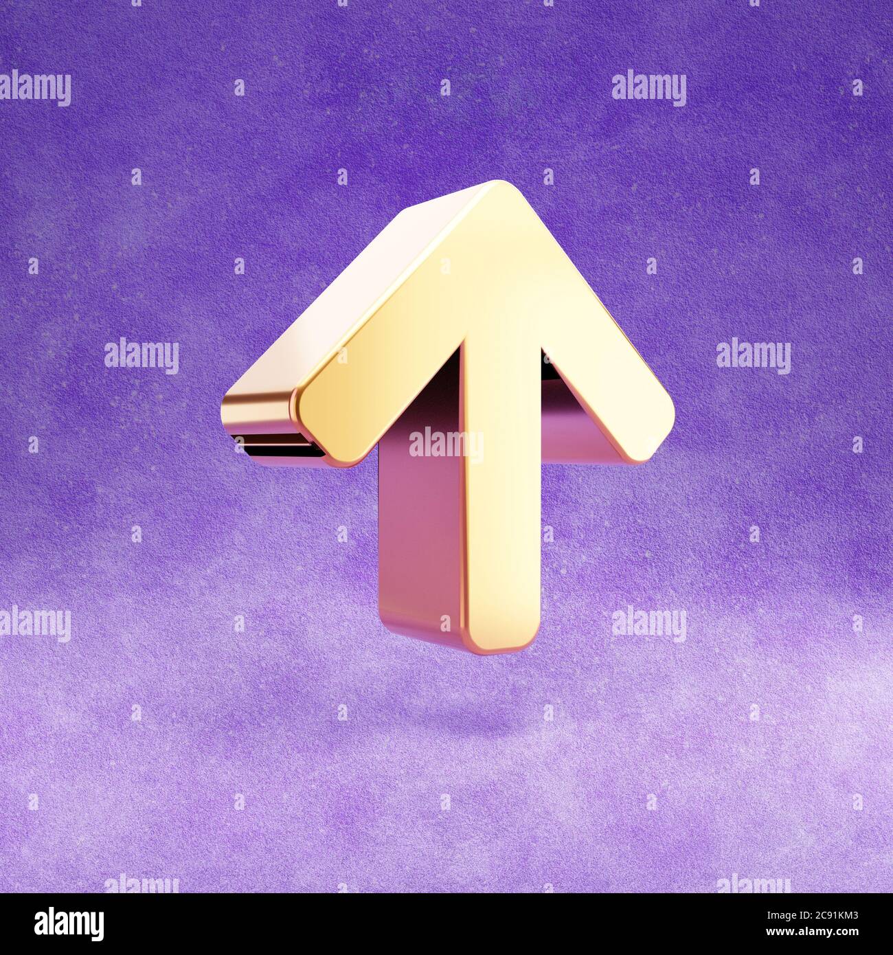 Arrow up icon. Gold glossy Arrow up symbol isolated on violet velvet ...