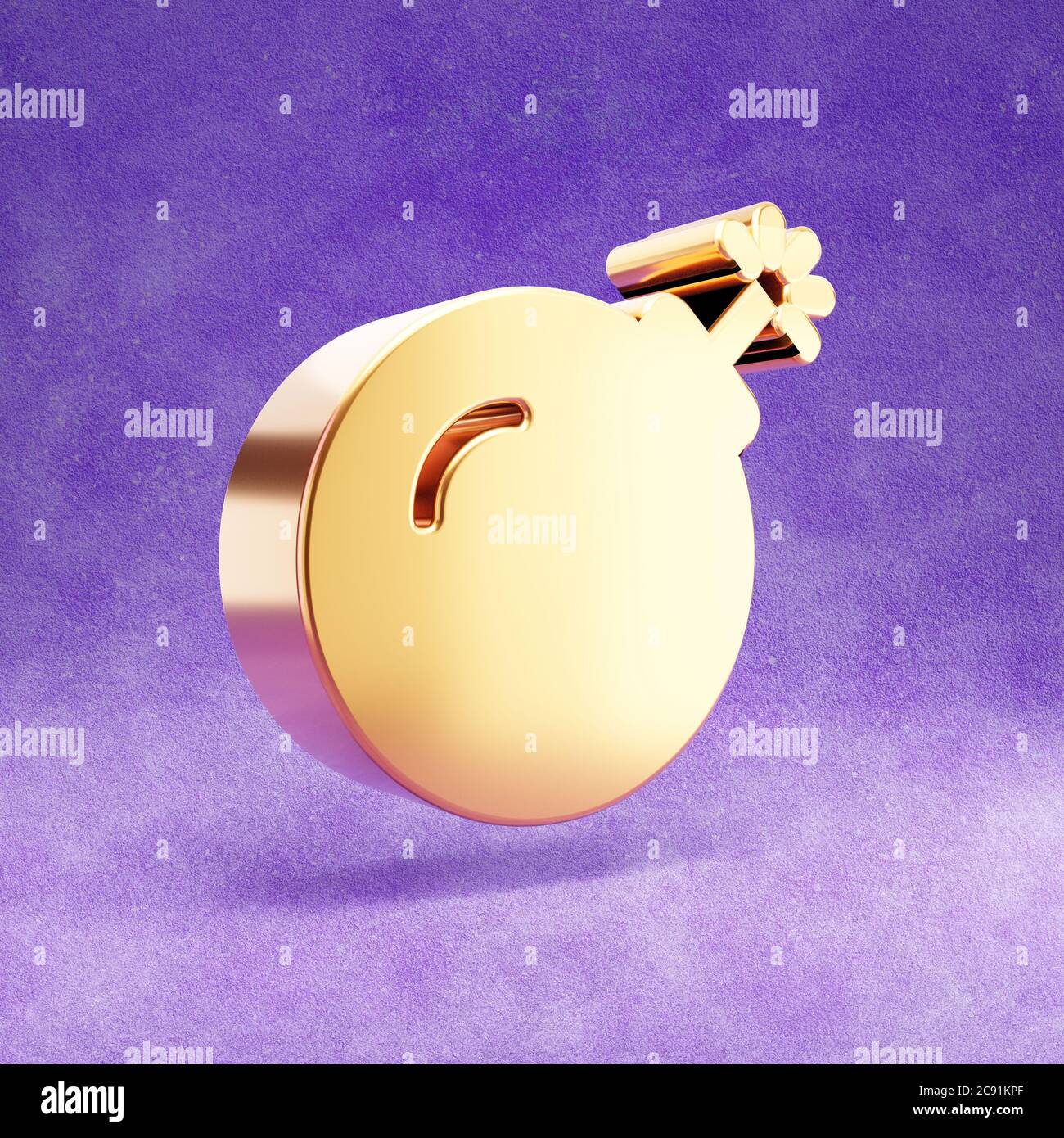 Bomb icon. Gold glossy Bomb symbol isolated on violet velvet background ...