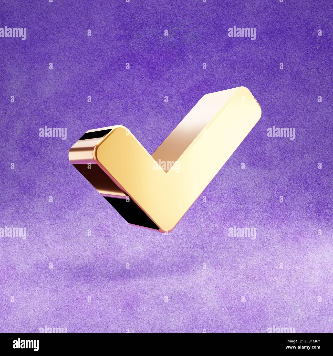 Check icon. Gold glossy Check symbol isolated on violet velvet ...