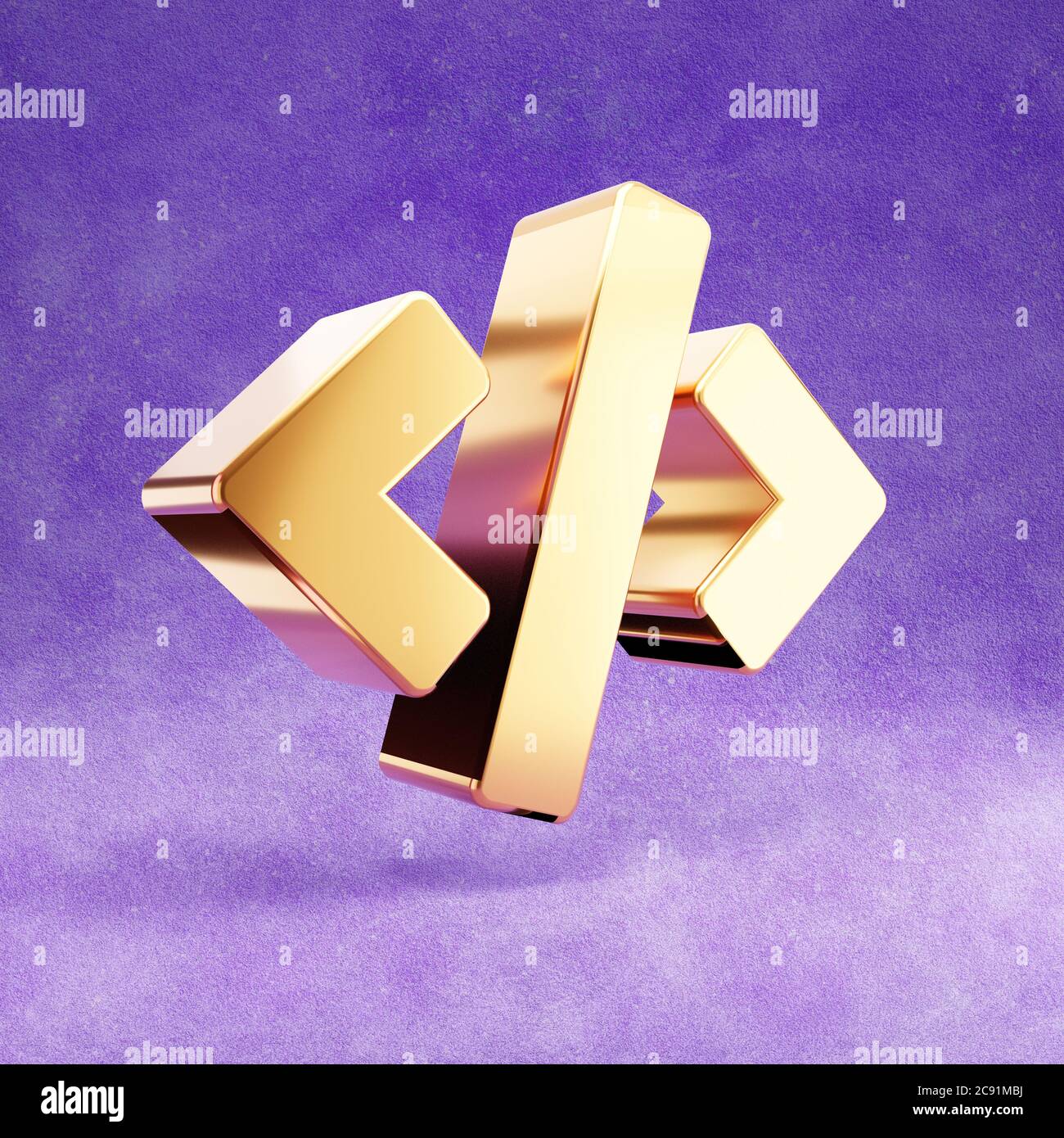 Code icon. Gold glossy Code symbol isolated on violet velvet background ...