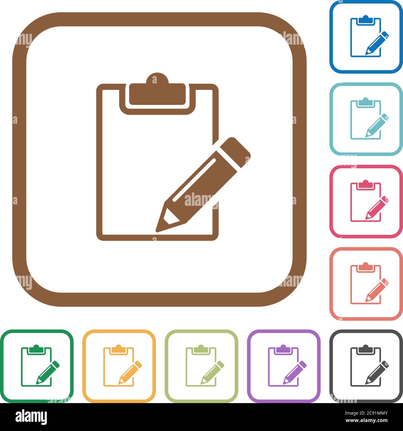Blank notepad with pencil simple icons in color rounded square frames ...