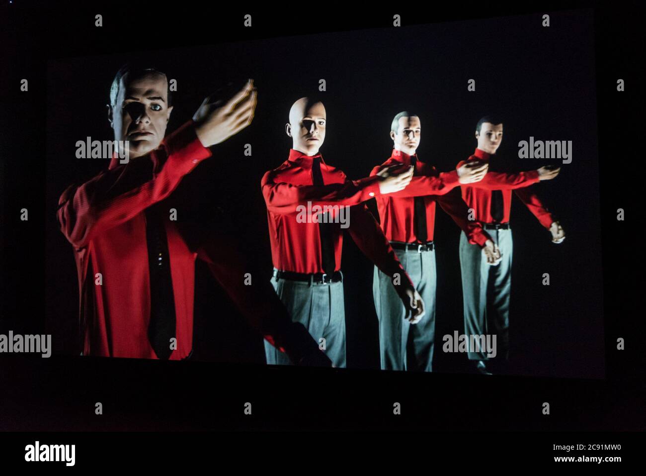 London, UK.  28 July 2020. 3D video installation "12345678", 2017, by Kraftwerk.  Preview of "Electronic: From Kraftwerk to The Chemical Brothers" at the Design Museum in Kensington which is reopening after coronavirus lockdown.  The new exhibition explores the hypnotic world of electronic music, from its origins to its futuristic dreams.  The show runs 31 July 2020 – 14 February 2021 with visitors required to adhere to strict social distancing guidelines. Credit: Stephen Chung / Alamy Live News Stock Photo