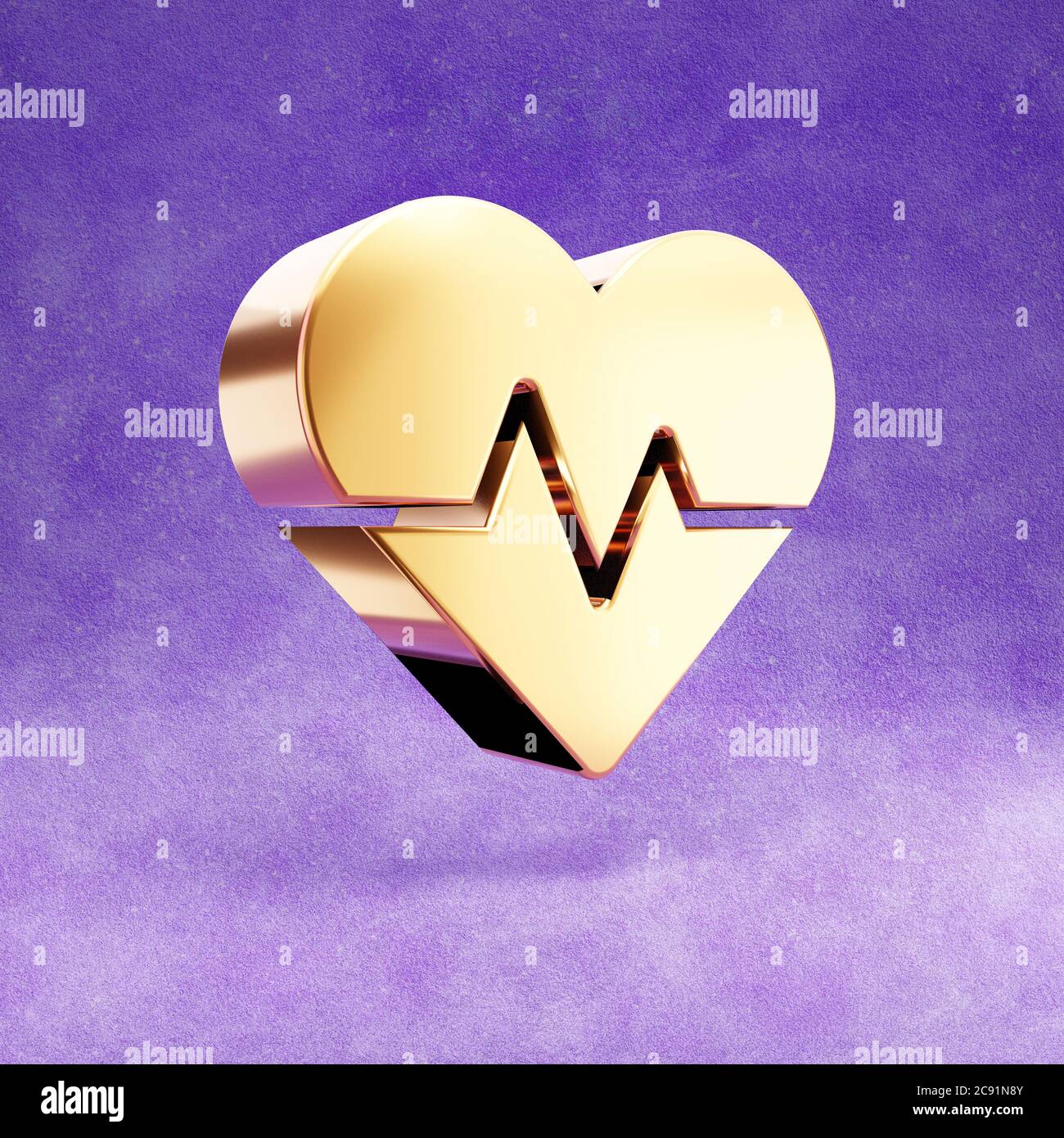 Heartbeat icon. Gold glossy Heart beat symbol isolated on violet velvet ...
