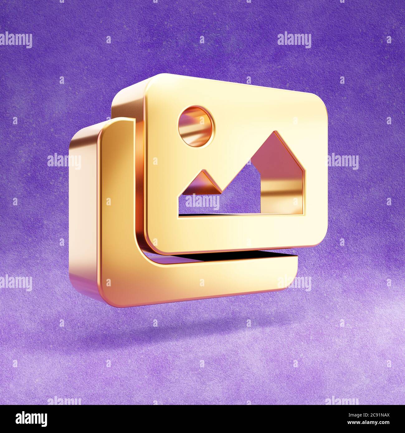 Images icon. Gold glossy Images symbol isolated on violet velvet background. Modern icon for website, social media, presentation, design template element. 3D render. Stock Photo
