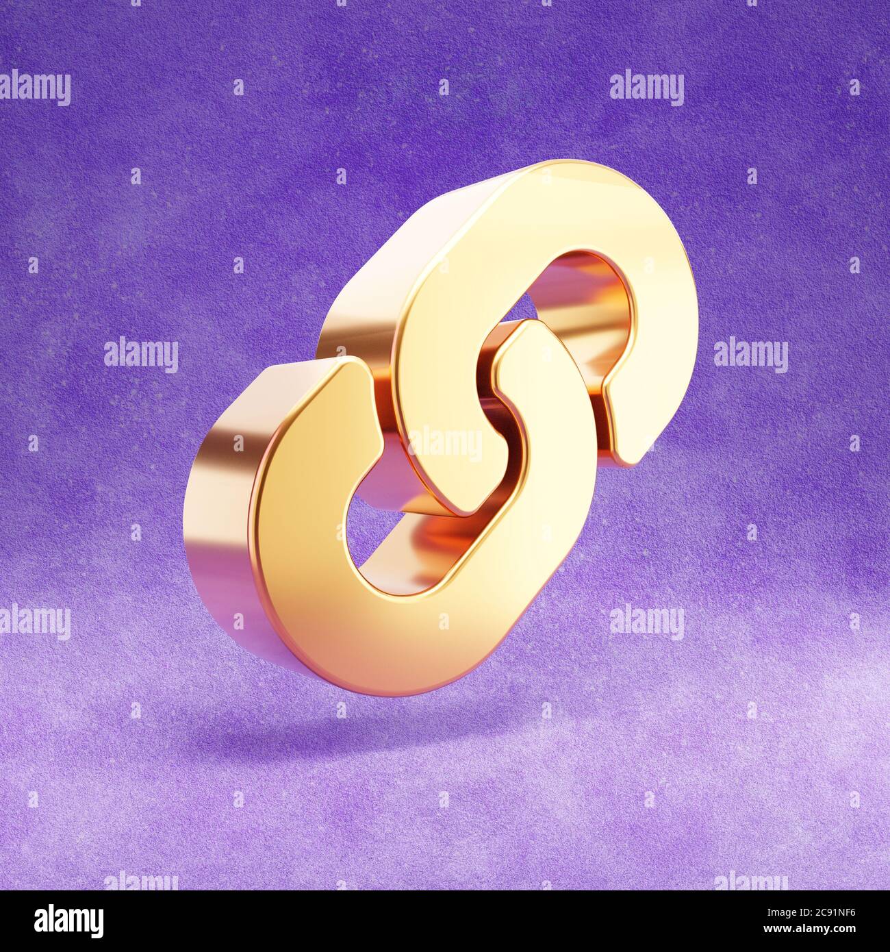 Link icon. Gold glossy Link symbol isolated on violet velvet background ...
