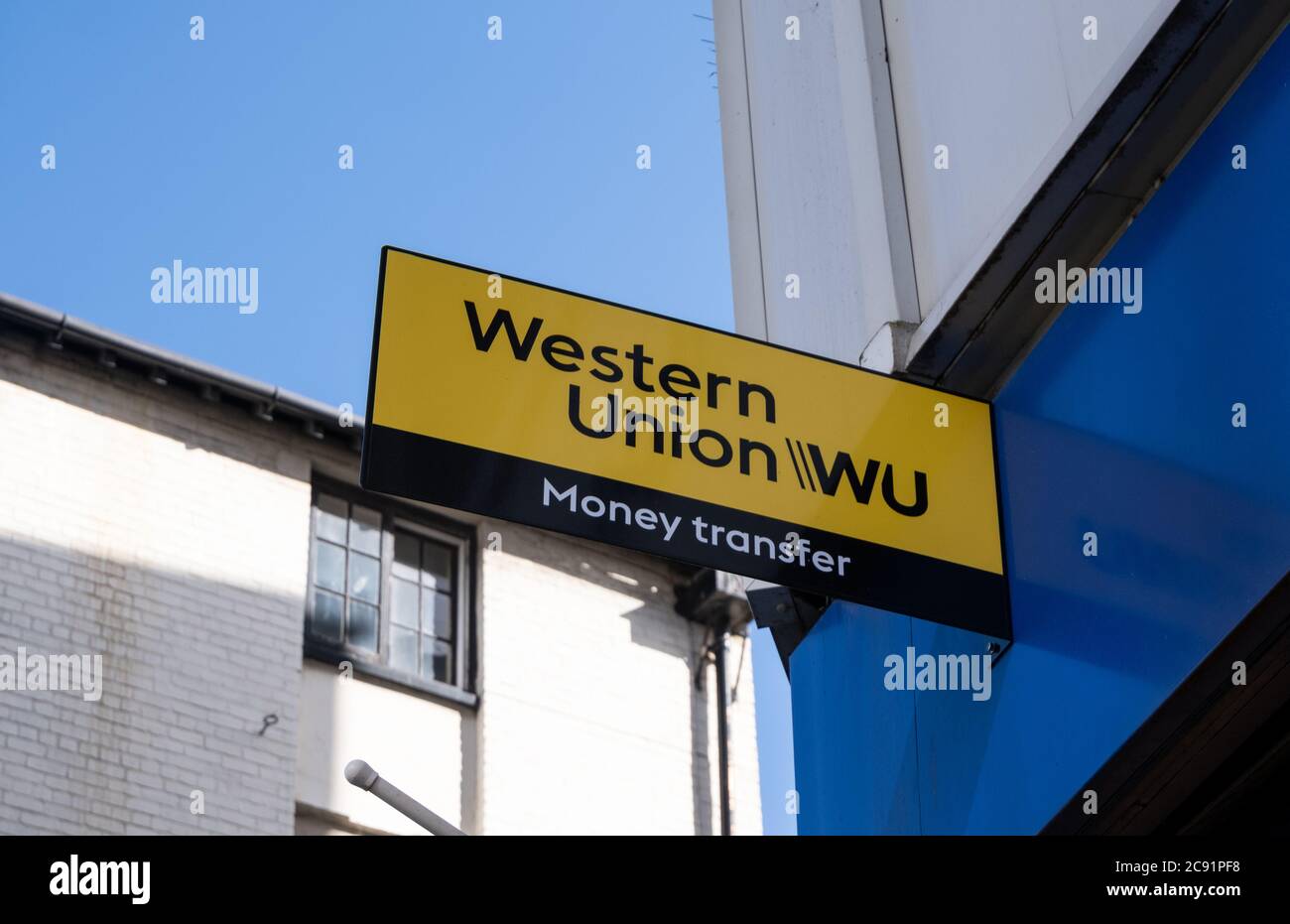 Western Union sign on exterior of building in Liverpool March 2020 Stock Photo