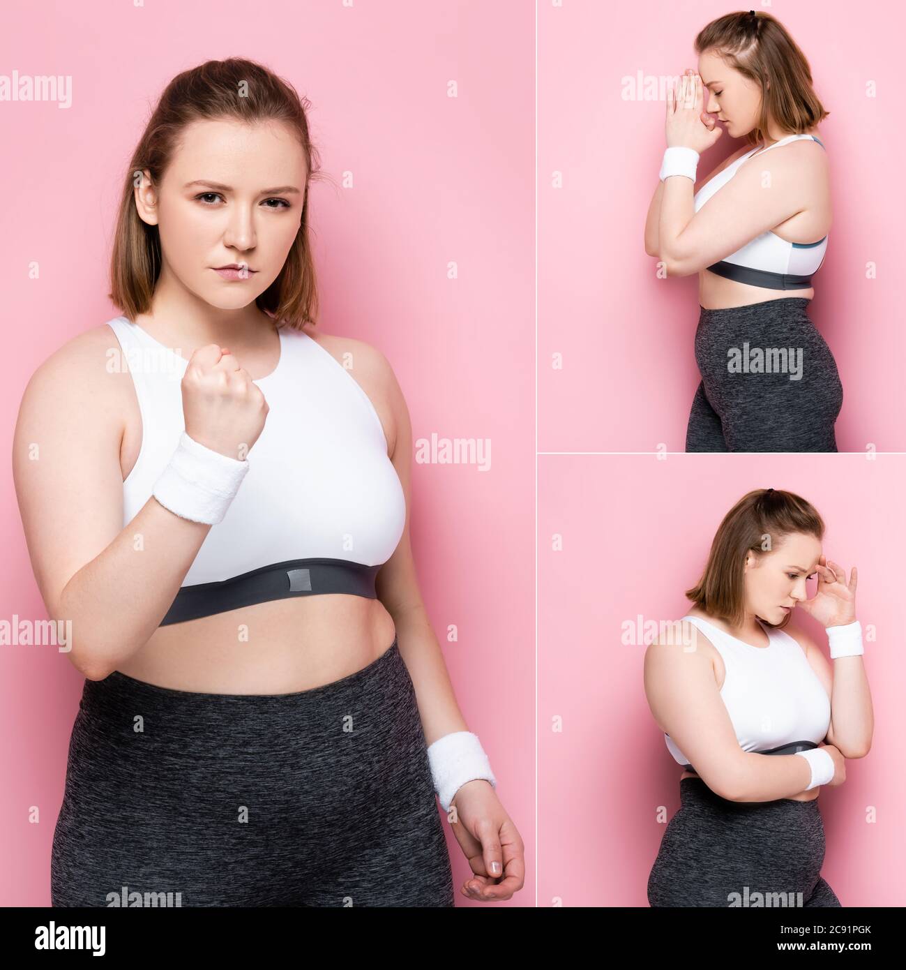 collage of serious overweight girl standing with praying hands