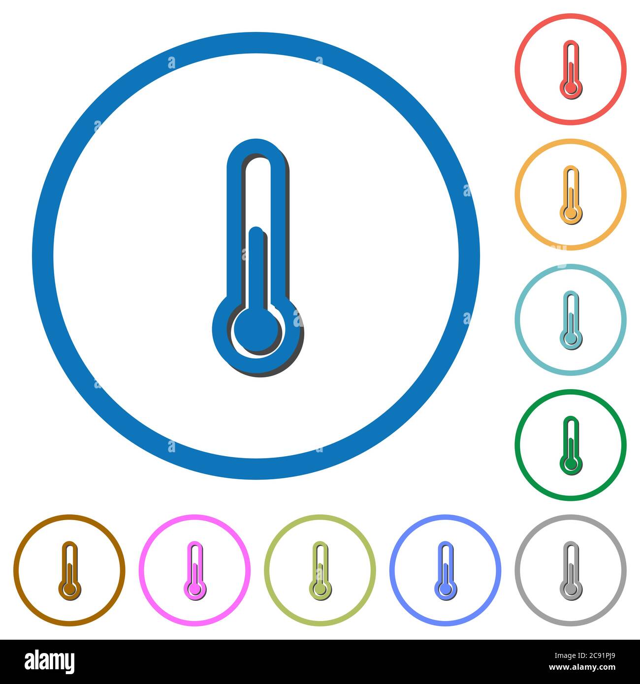 Thermometer flat color vector icons with shadows in round outlines on ...