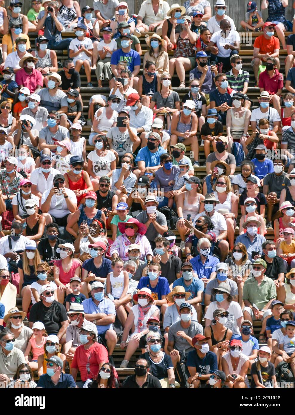 Les Epesses France Thursday 23 July Large Crowd Of People Sat In Close To Each Other With No Social Distancing Most Wearing Face Masks In France Watching A Falconry Display On Les Epesses France Thursday 23 July Large Crowd Of People Sat In Close To Each Other With No Social Distancing Most Wearing Face Masks In France Watching A Falconry Display On