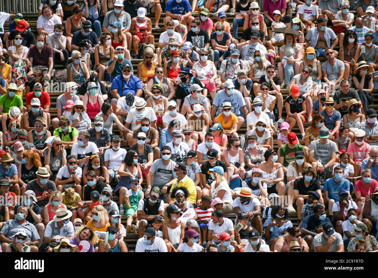 Les Epesses France Thursday 23 July Large Crowd Of People Sat In Close To Each Other With No Social Distancing Most Wearing Face Masks In France Watching A Falconry Display On Les Epesses France Thursday 23 July Large Crowd Of People Sat In Close To Each Other With No Social Distancing Most Wearing Face Masks In France Watching A Falconry Display On