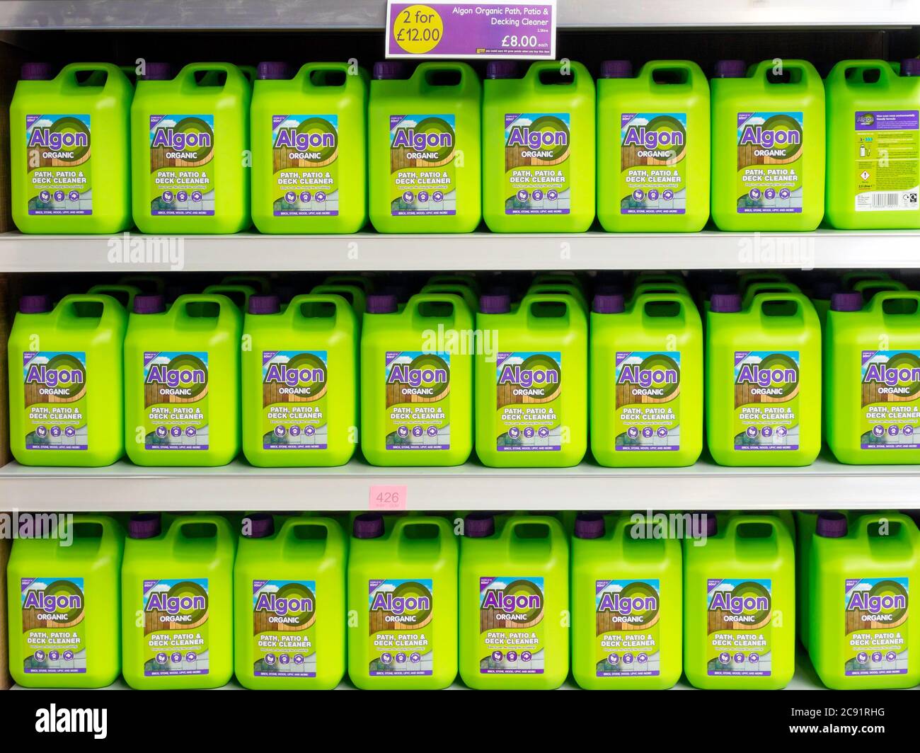 A display of Algon organic path patio and decking cleaner for sale in a