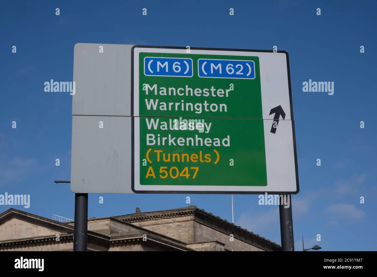 Road signs for travelling through Liverpool in March 2020 Stock Photo