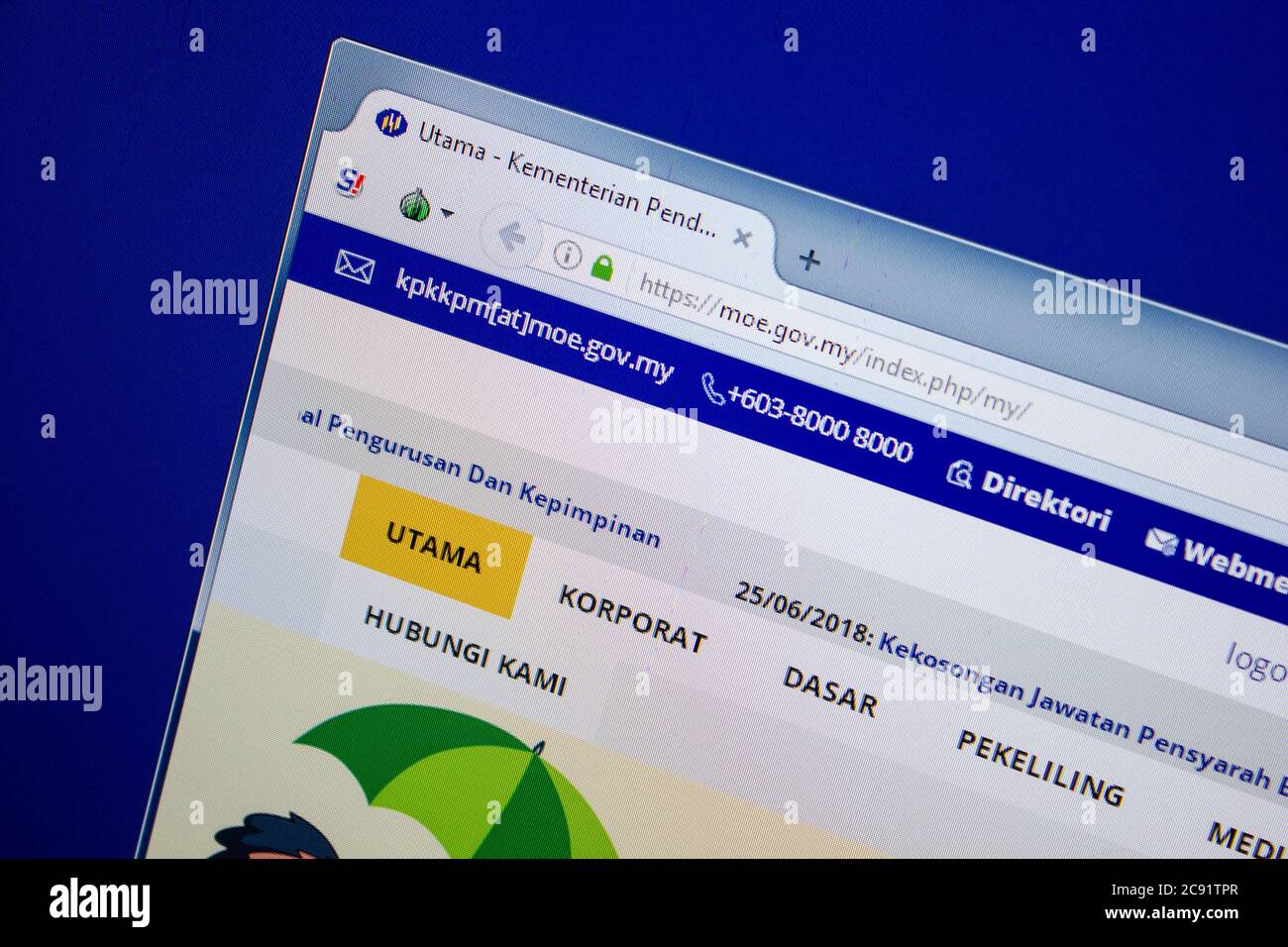 Ryazan, Russia - June 26, 2018: Homepage of Moe website on the display of PC. URL - Moe.gov.my Stock Photo