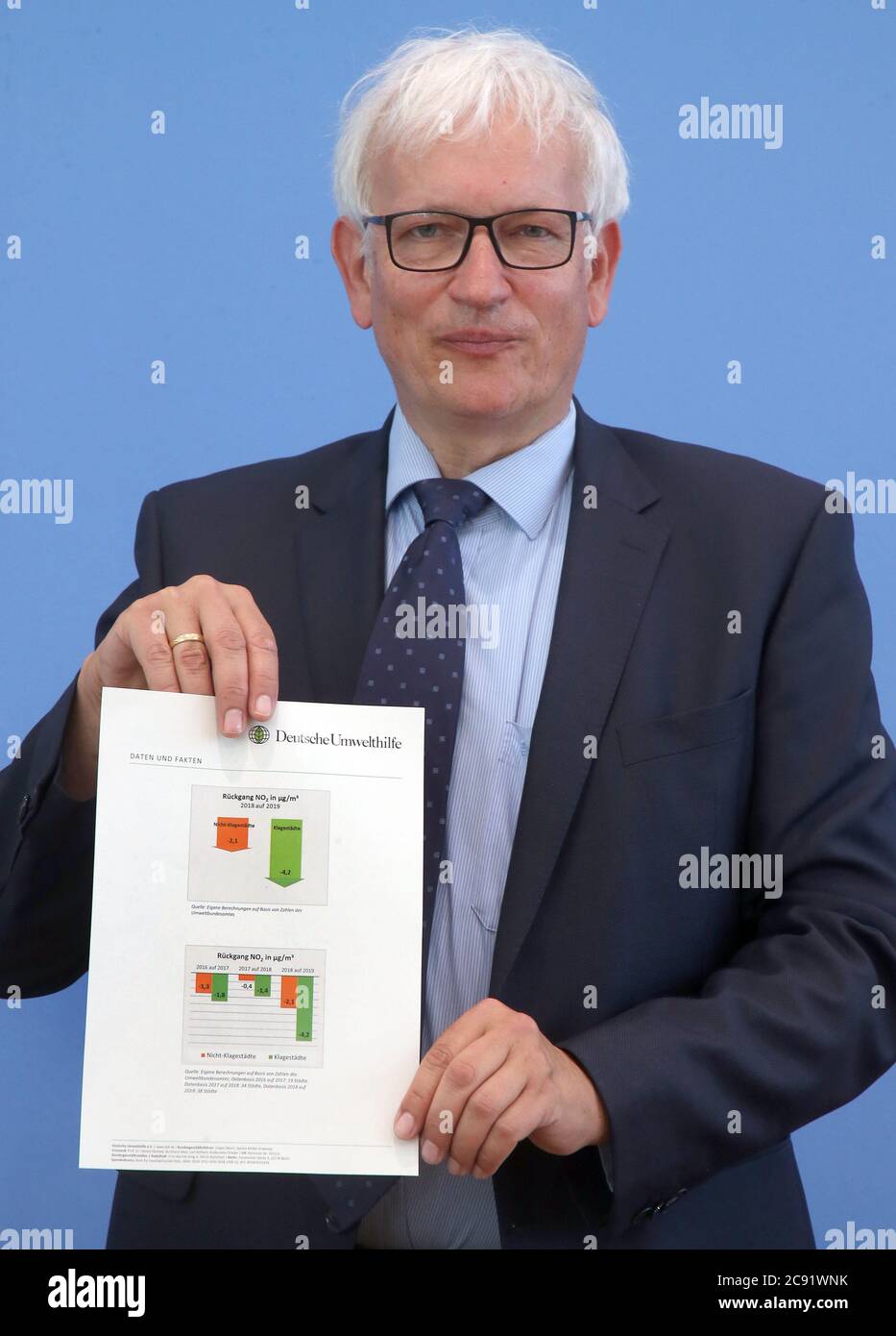 Berlin, Germany. 28th July, 2020. Jürgen Resch, Federal Managing Director of Deutsche Umwelthilfe, shows statistics at the beginning of a press conference of Deutsche Umwelthilfe on the interim balance and on its 40 complaints for clean air. Credit: Wolfgang Kumm/dpa/Alamy Live News Stock Photo