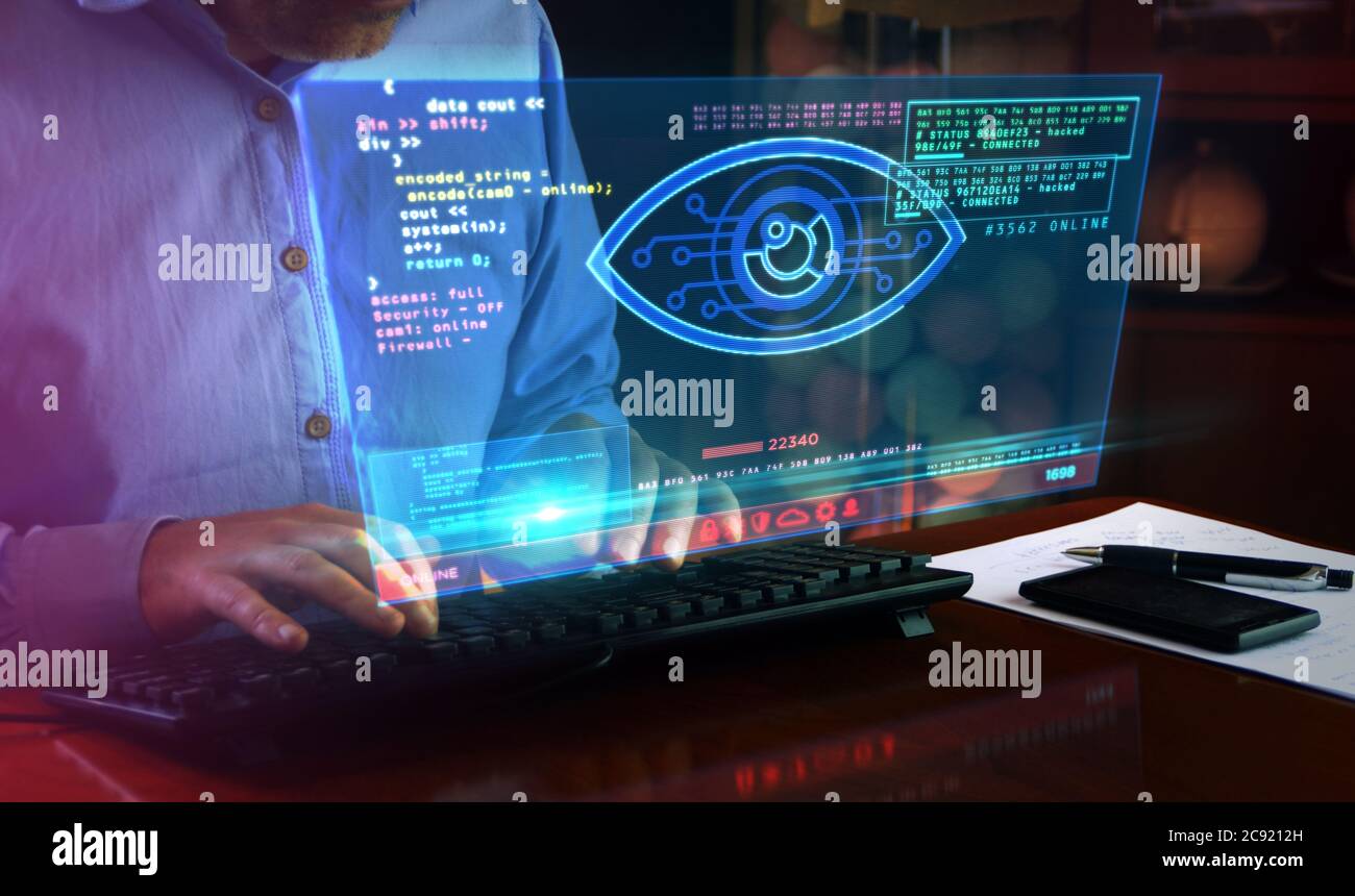 Hacker spy attack with cyber eye on computer screen. Hacking, control, surveillance, supervise, digital invigilation and breach of privacy concept 3d Stock Photo
