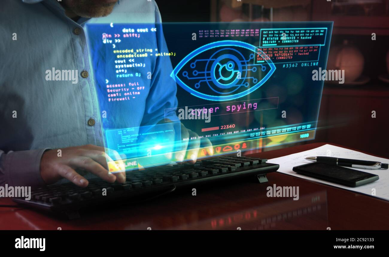 Hacker spy attack with cyber eye on computer screen. Hacking, control, surveillance, supervise, digital invigilation and breach of privacy concept 3d Stock Photo